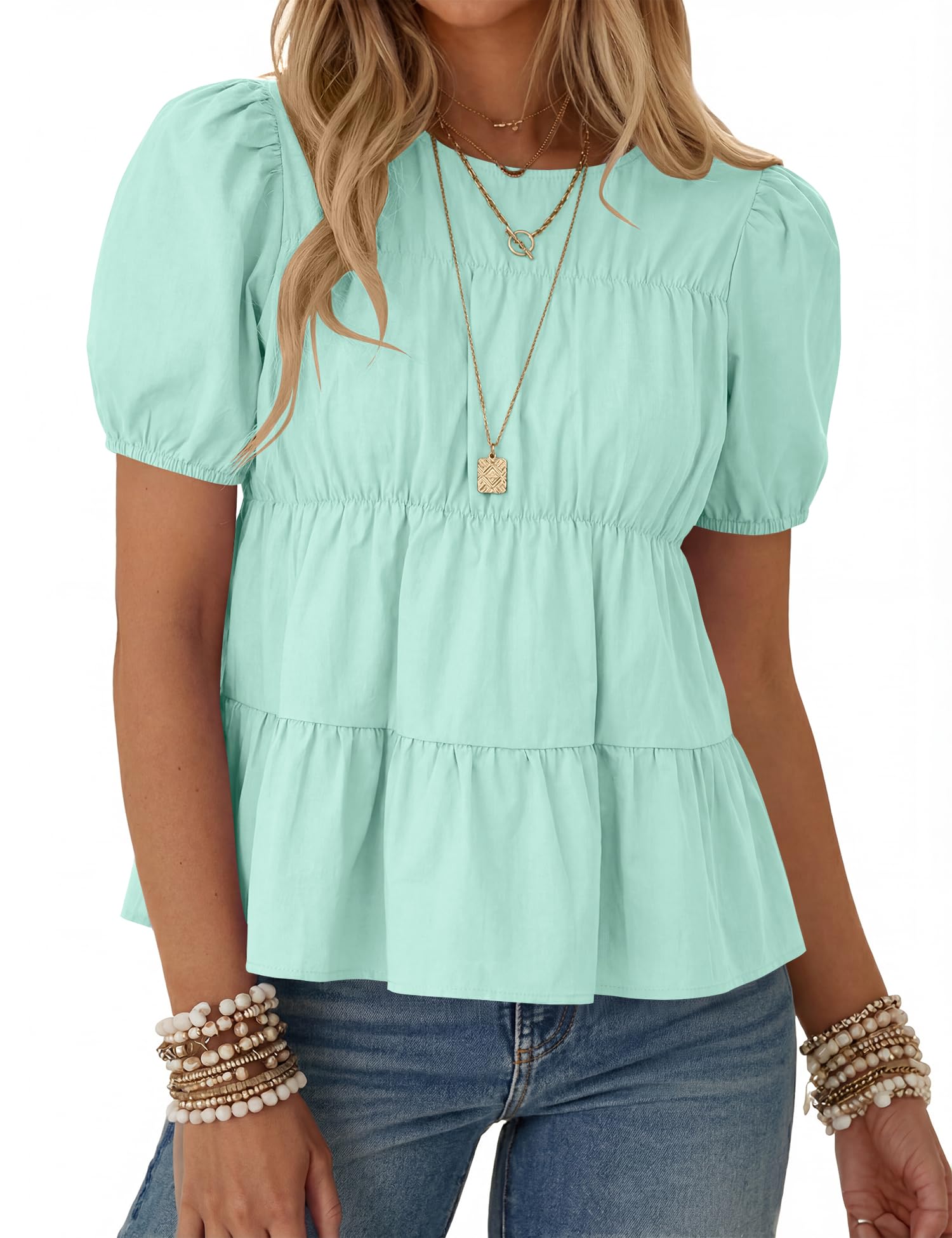 Rapbin Womens Puff Short Sleeve Babydoll Tops Summer Peplum Pleated Cotton T Shirts Casual Loose Fit Flowy Blouses