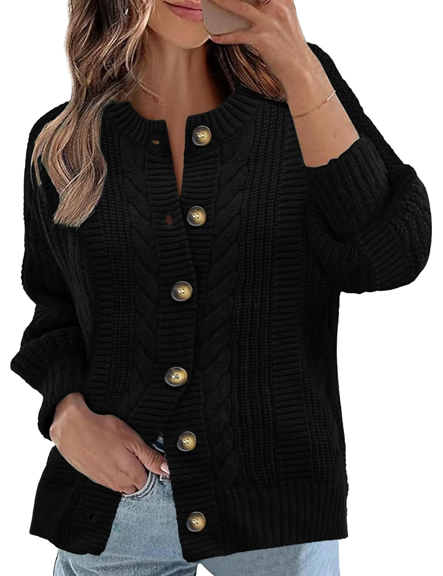 Rapbin Women's Cable Knit Cardigan Open Front Sweater Casual Long Sleeve Button Coats Outerwear