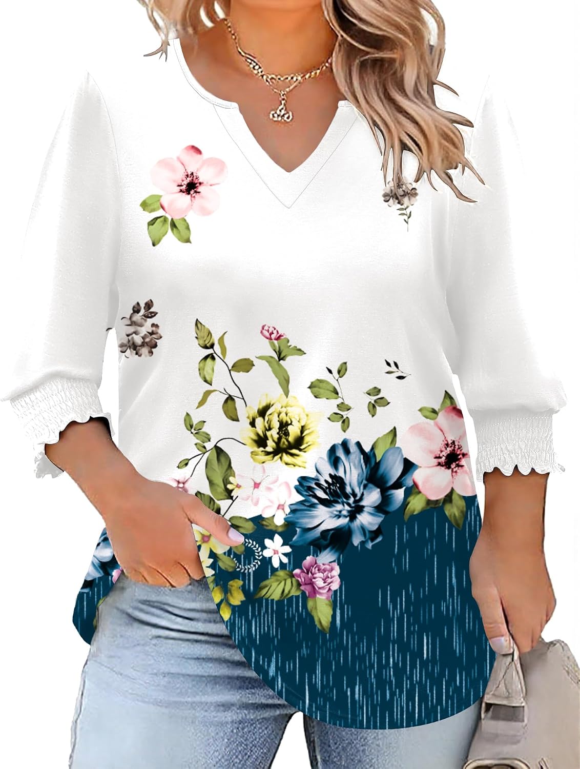 Rapbin Womens Plus Size Tops 3/4 Sleeve Blouses Shirts Casual V Neck Loose Tunic Tops 1X-5X