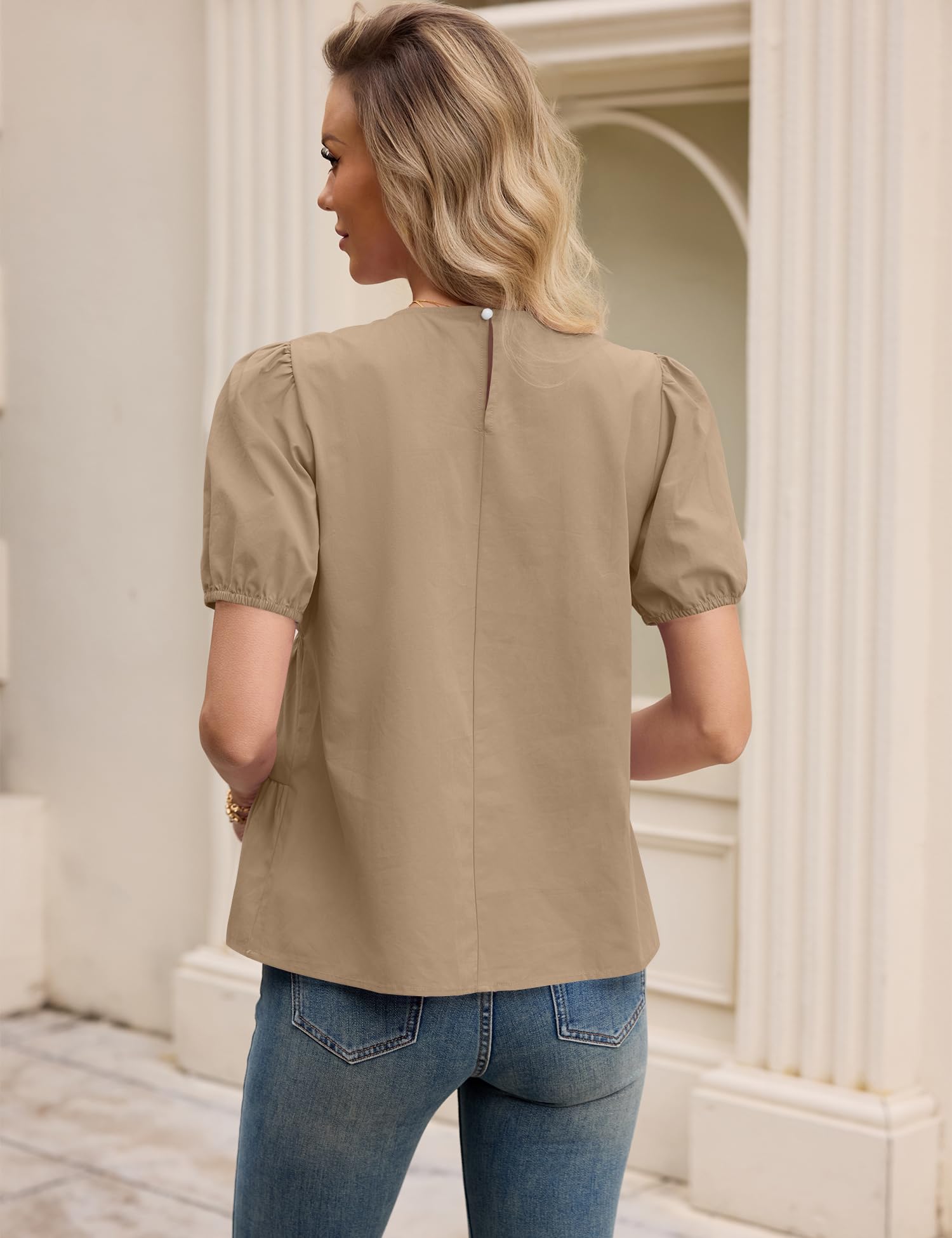 Rapbin Womens Puff Short Sleeve Babydoll Tops Summer Peplum Pleated Cotton T Shirts Casual Loose Fit Flowy Blouses