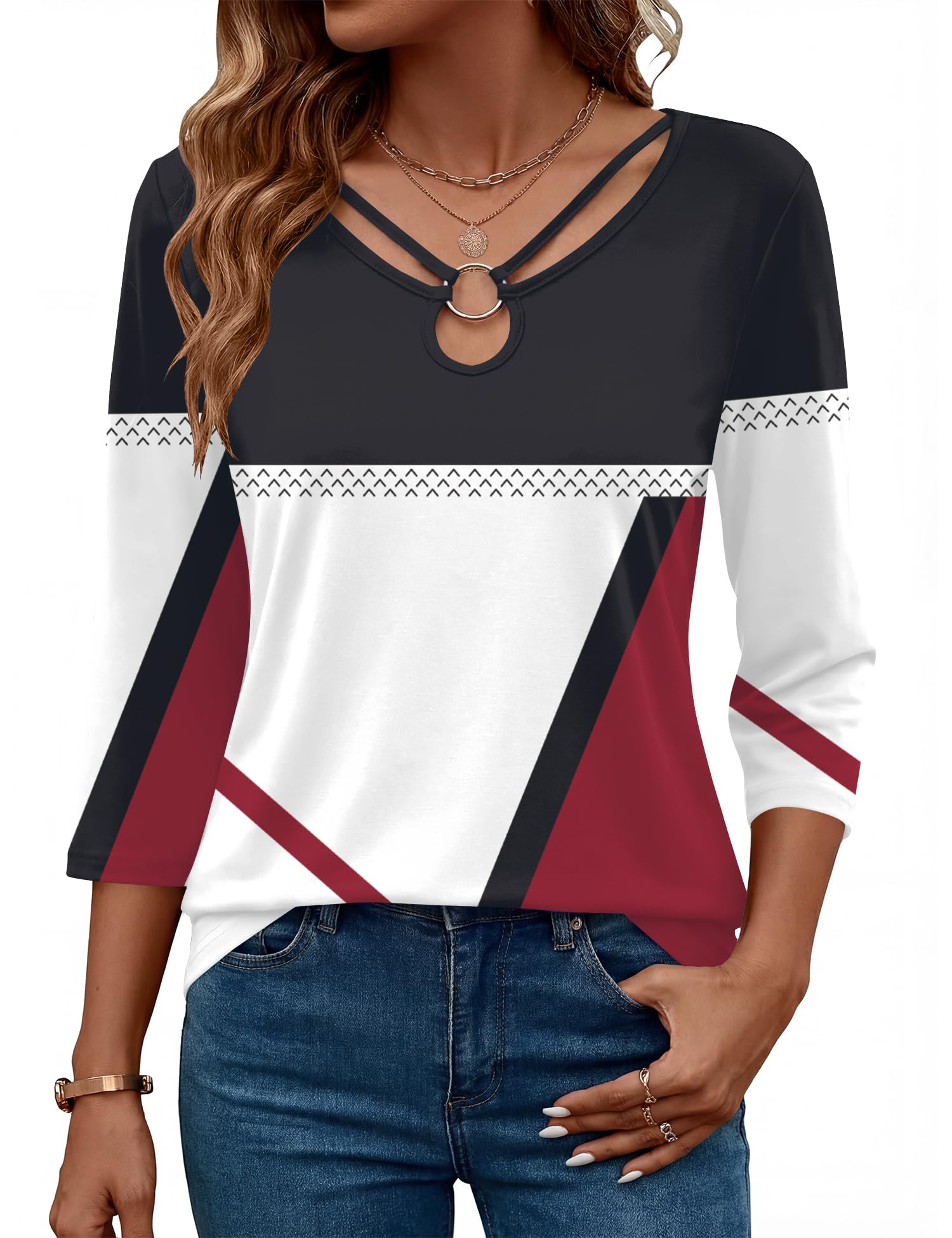 Rapbin 3/4 Length Sleeve Womens Tops Summer Cut Out Ring Keyhole Neck Dressy Casual Crew Neck Tee Shirts 2026