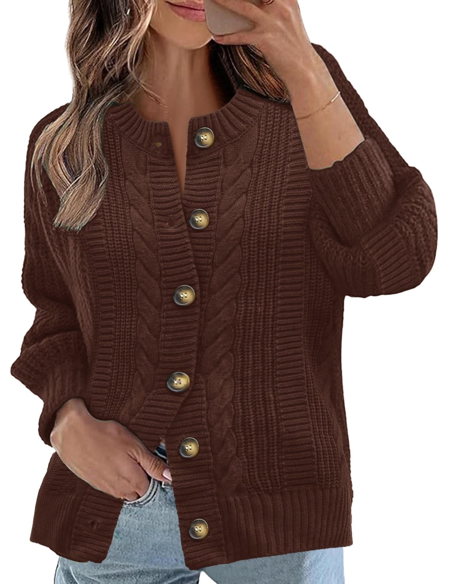 Rapbin Women's Cable Knit Cardigan Open Front Sweater Casual Long Sleeve Button Coats Outerwear