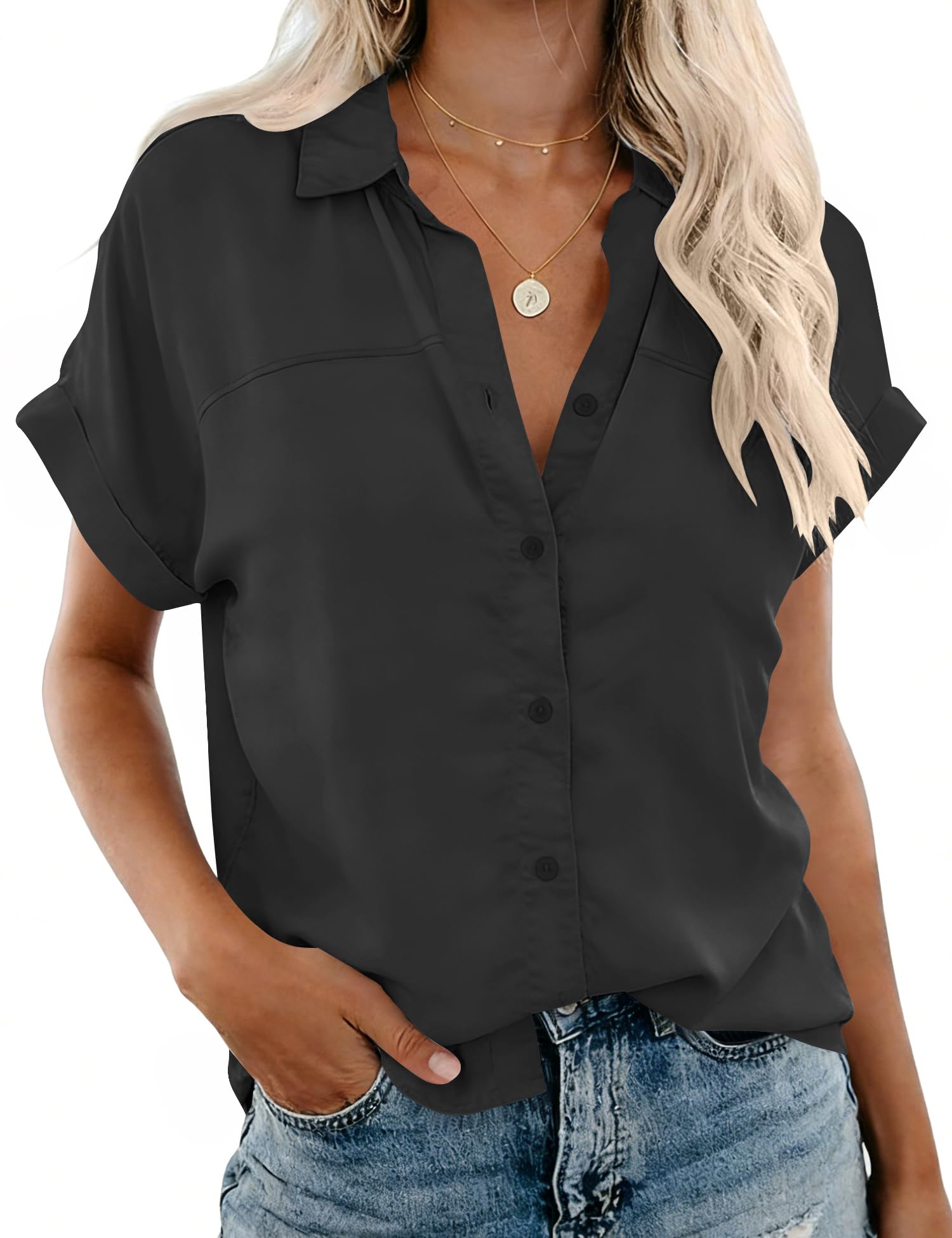 Rapbin Women's Button Down Shirt Short Sleeve Casual Blouse Shirts V Neck Collared Tops
