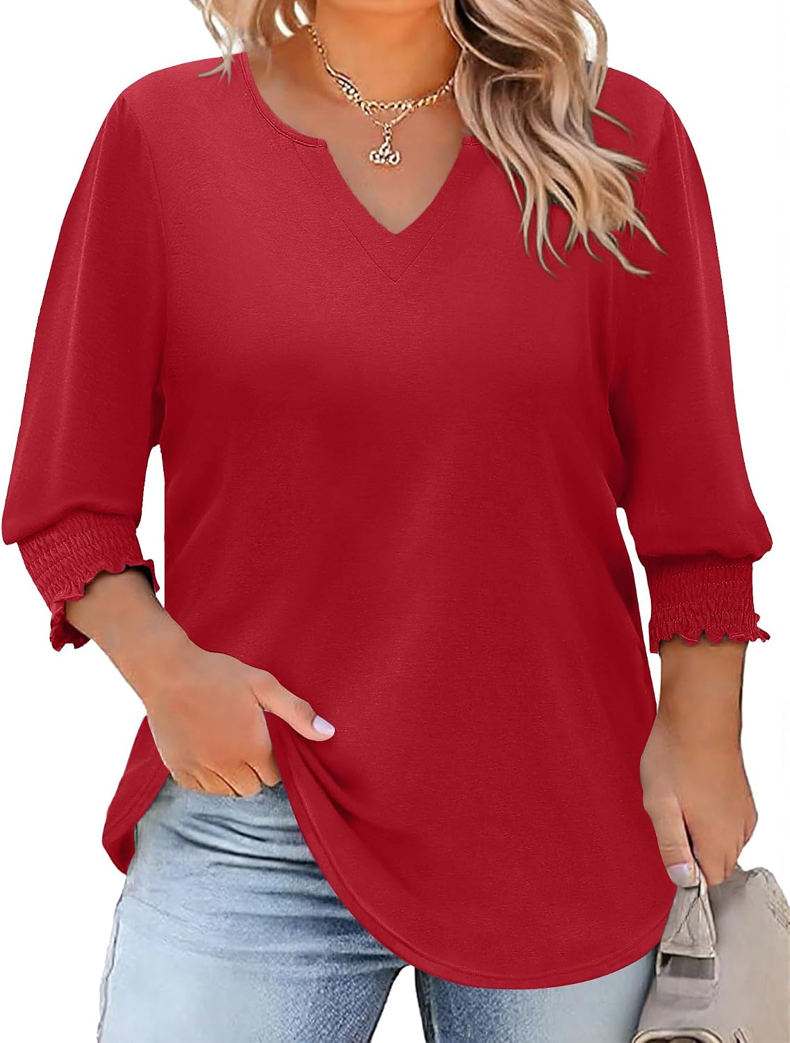 Rapbin Womens Plus Size Tops 3/4 Sleeve Blouses Shirts Casual V Neck Loose Tunic Tops 1X-5X