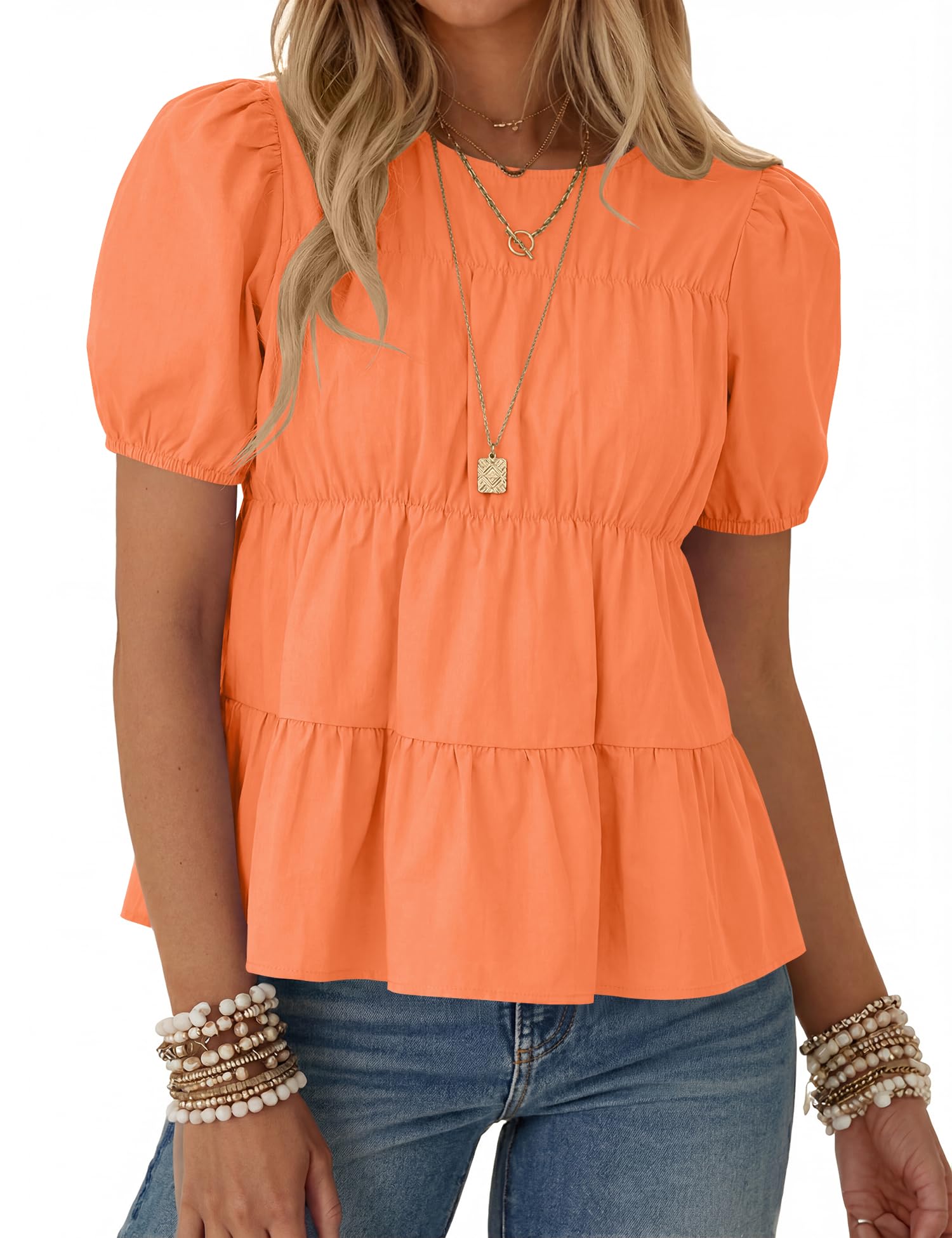 Rapbin Womens Puff Short Sleeve Babydoll Tops Summer Peplum Pleated Cotton T Shirts Casual Loose Fit Flowy Blouses