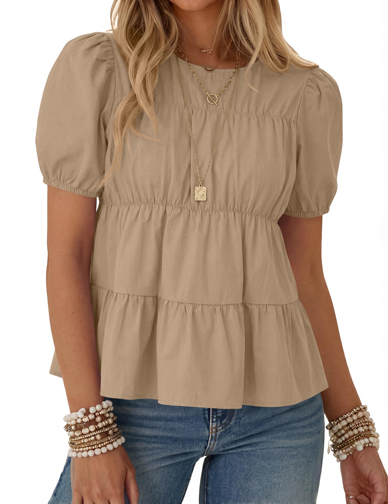 Rapbin Womens Puff Short Sleeve Babydoll Tops Summer Peplum Pleated Cotton T Shirts Casual Loose Fit Flowy Blouses