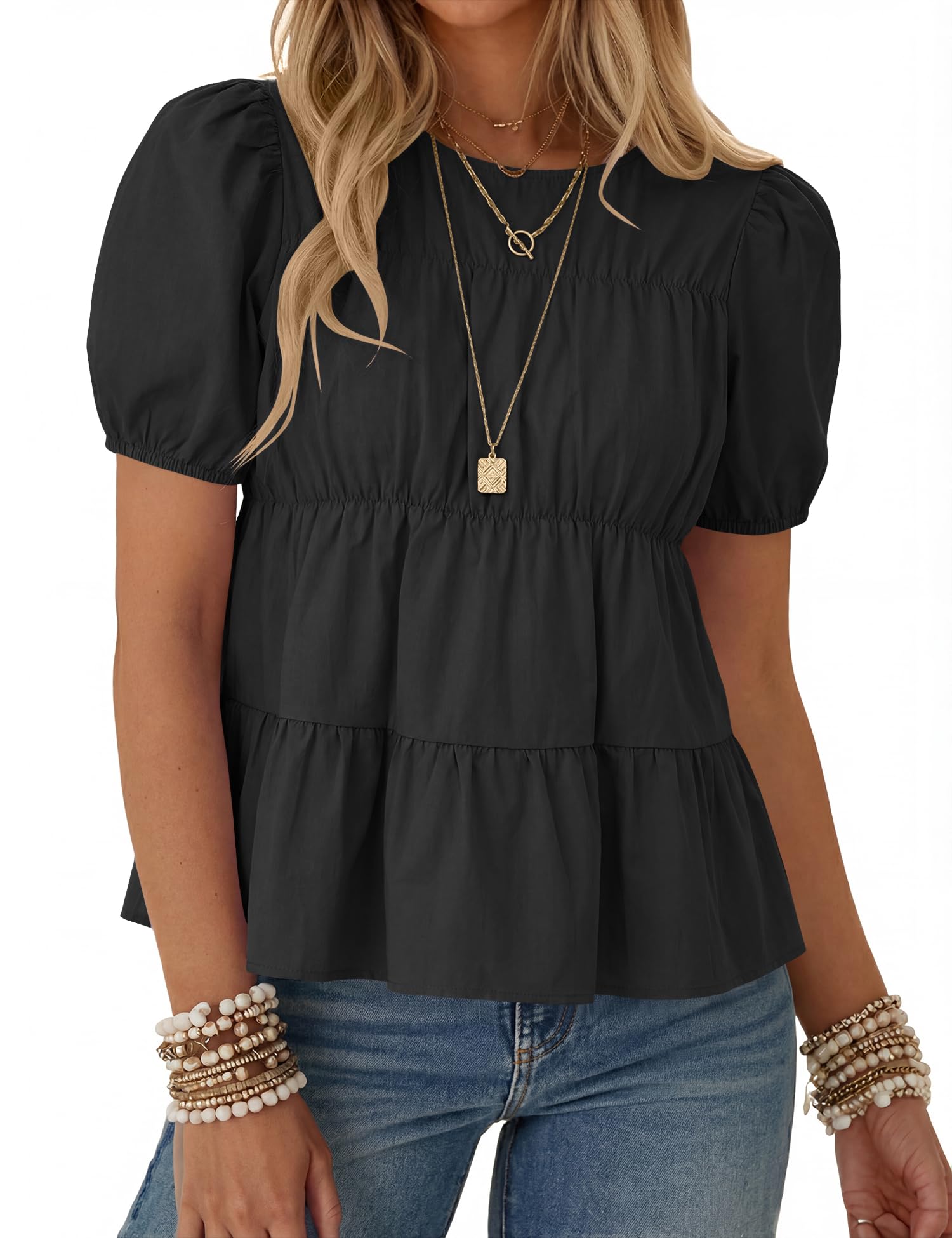 Rapbin Womens Puff Short Sleeve Babydoll Tops Summer Peplum Pleated Cotton T Shirts Casual Loose Fit Flowy Blouses