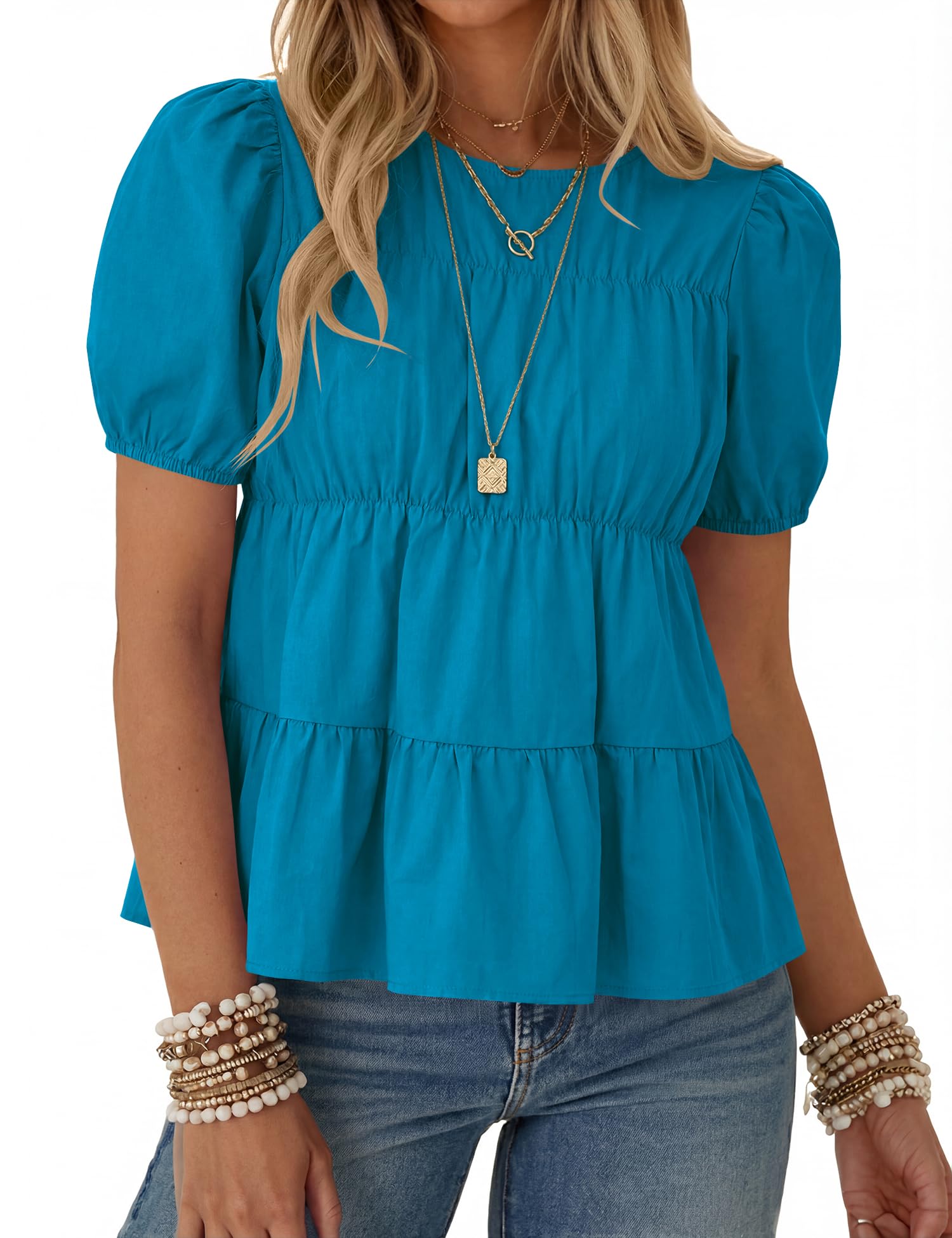 Rapbin Womens Puff Short Sleeve Babydoll Tops Summer Peplum Pleated Cotton T Shirts Casual Loose Fit Flowy Blouses