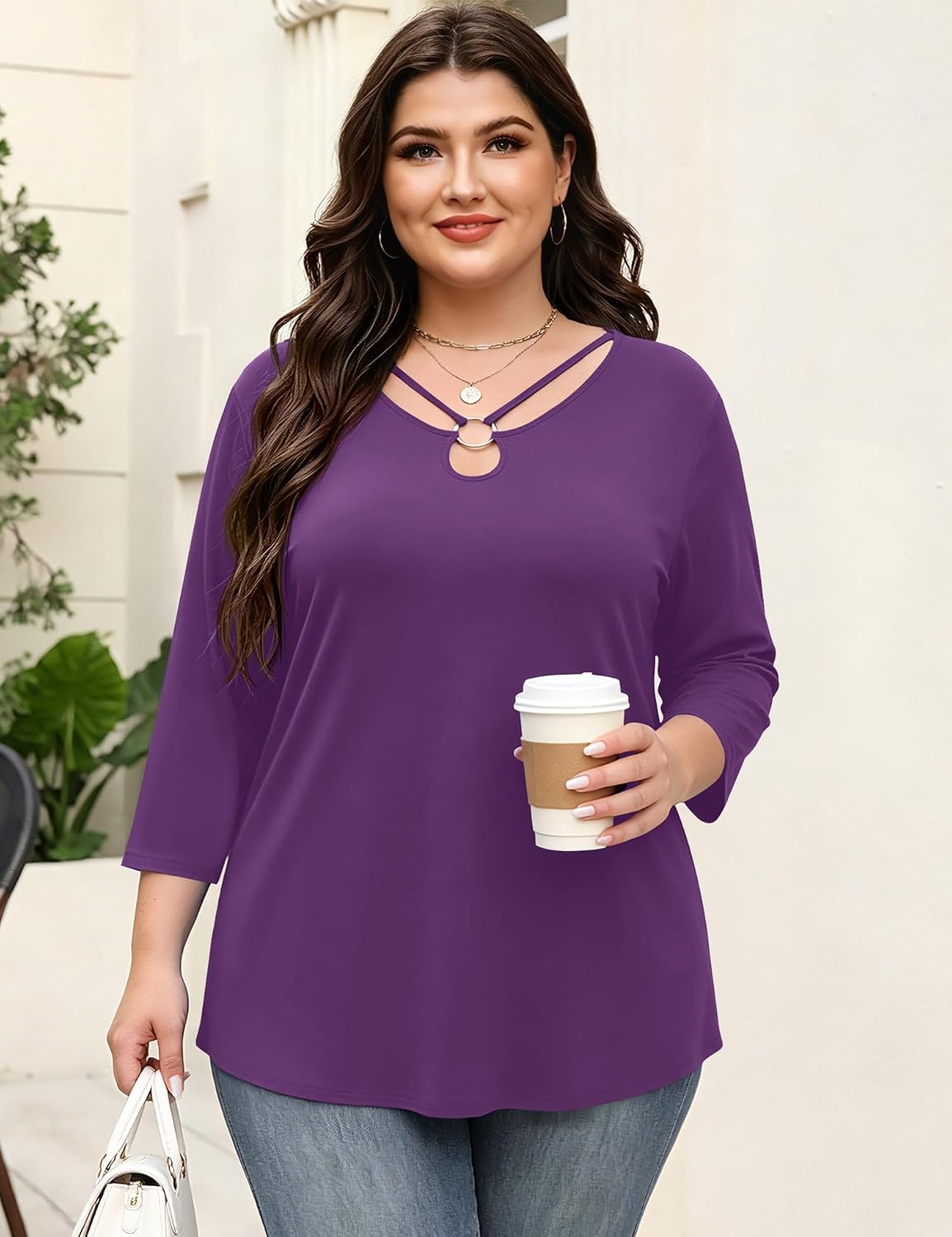 Rapbin Womens Plus Size Tops 3/4 Sleeve Shirts Summer Cut Out Ring Keyhole Neck Dressy Casual Loose Tunic Tops 1X-5X