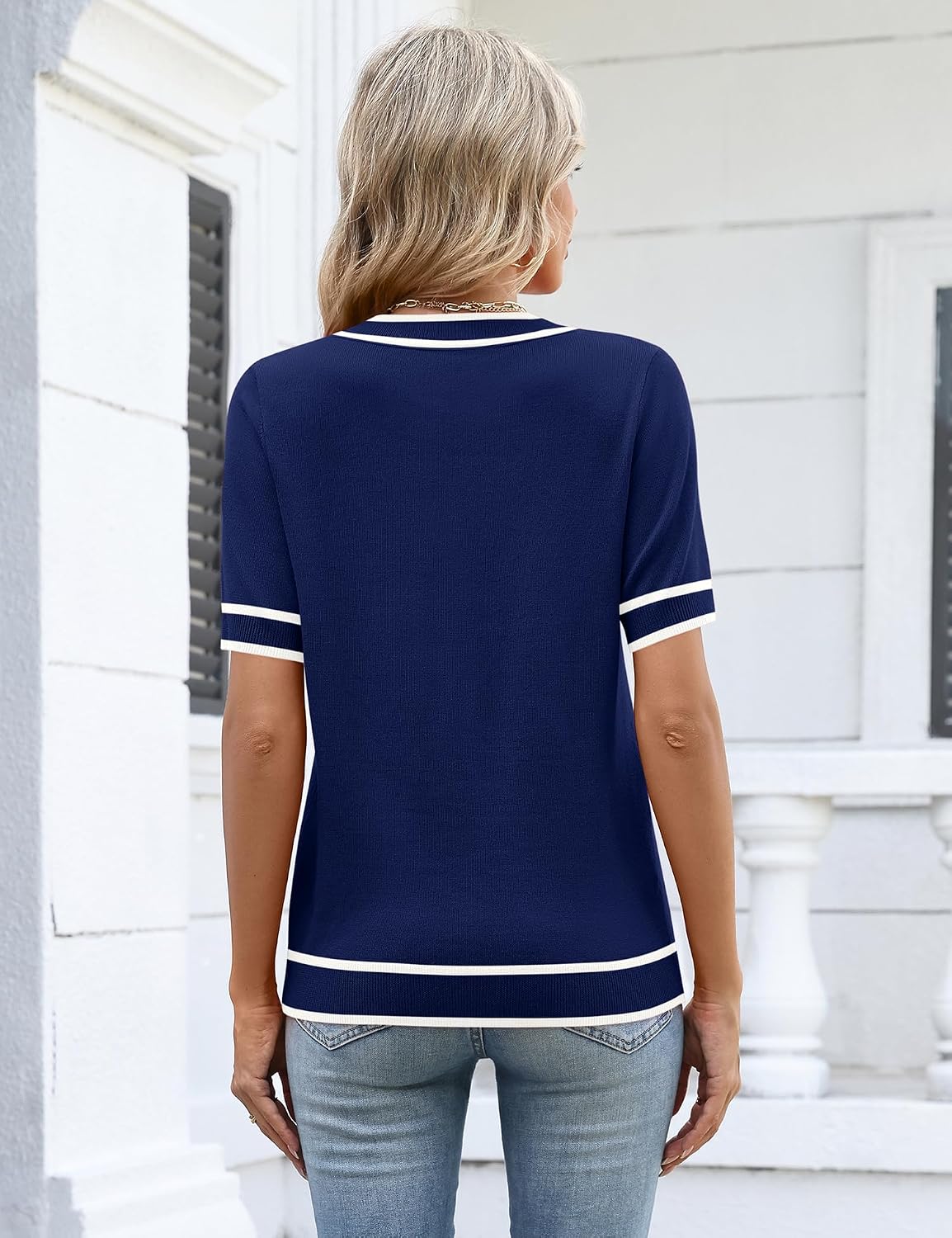 Rapbin Womens Summer Sweaters Short Sleeve Tops V Neck Knit Shirts