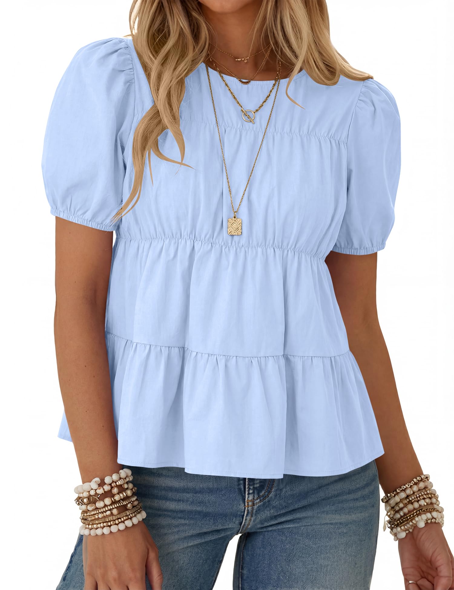 Rapbin Womens Puff Short Sleeve Babydoll Tops Summer Peplum Pleated Cotton T Shirts Casual Loose Fit Flowy Blouses