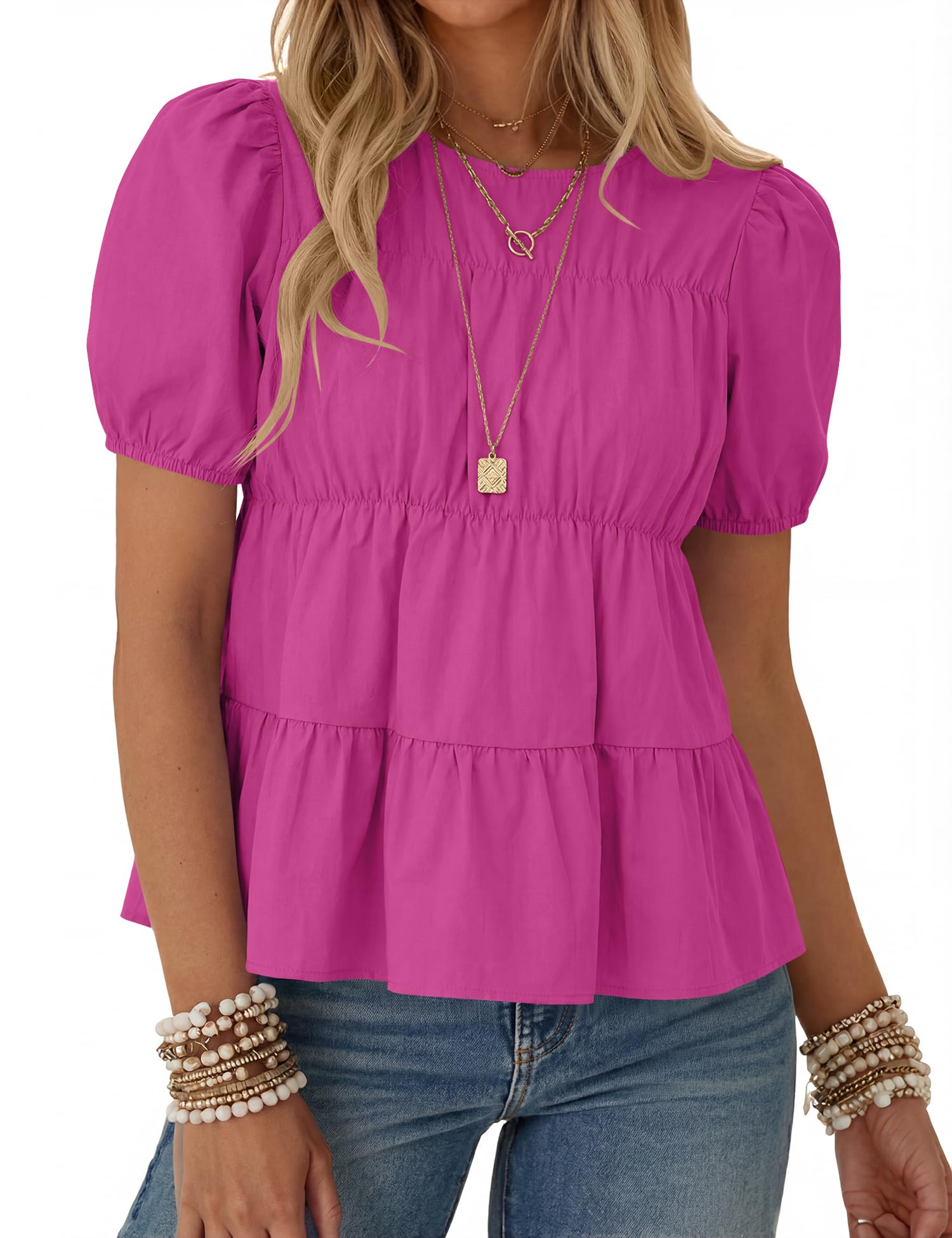 Rapbin Womens Puff Short Sleeve Babydoll Tops Summer Peplum Pleated Cotton T Shirts Casual Loose Fit Flowy Blouses