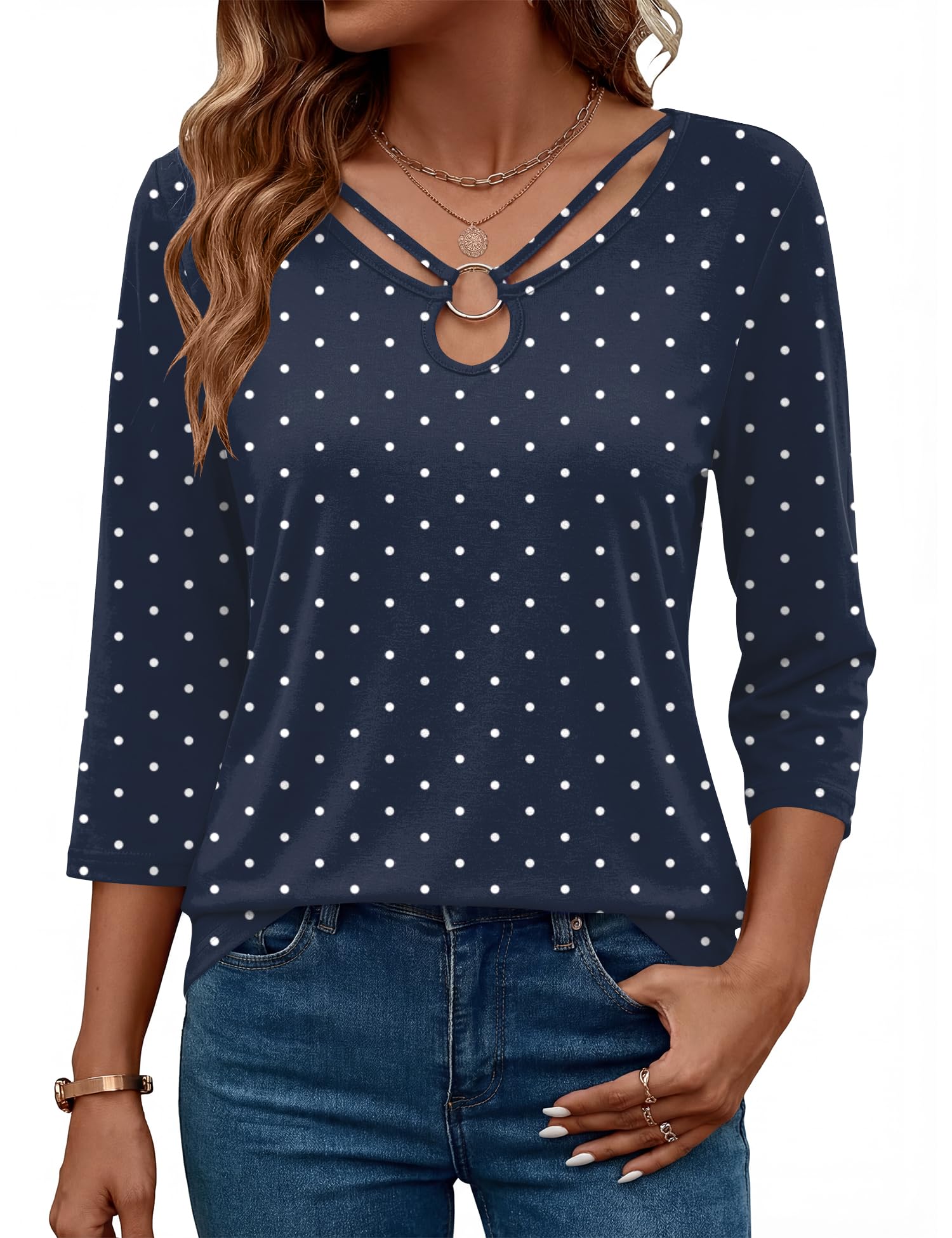 Rapbin 3/4 Length Sleeve Womens Tops Summer Cut Out Ring Keyhole Neck Dressy Casual Crew Neck Tee Shirts 2026