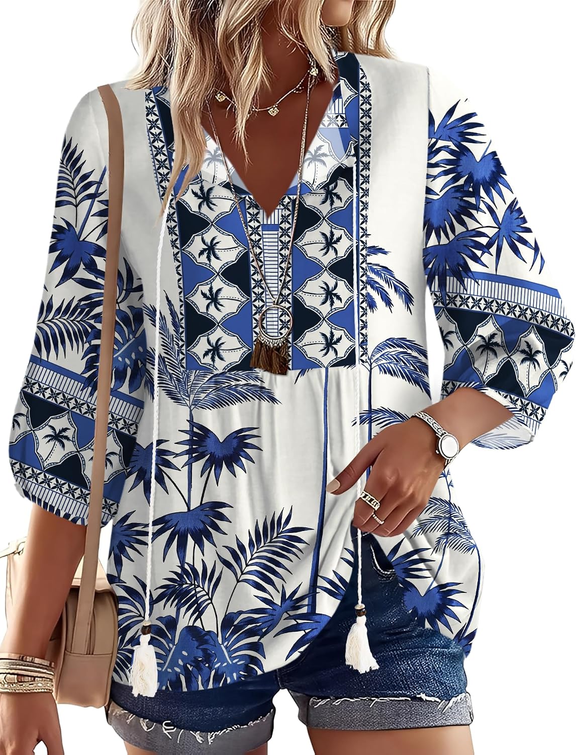 Rapbin Women Summer Boho Tops 3/4 Sleeve Pleated Blouses Casual V Neck Tie Front Spring Tunic Tops