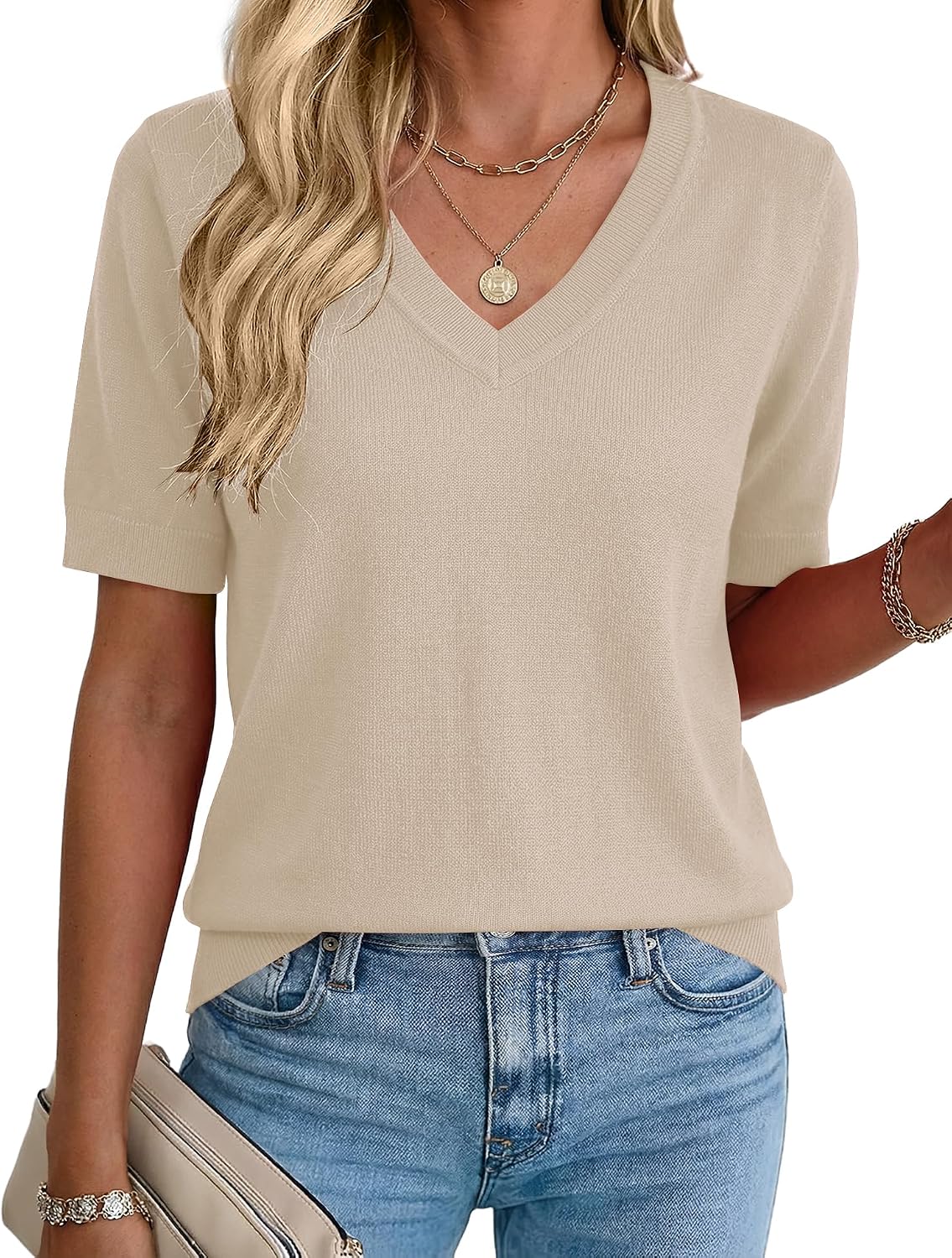 Rapbin Womens Summer Sweaters Short Sleeve Tops V Neck Knit Shirts