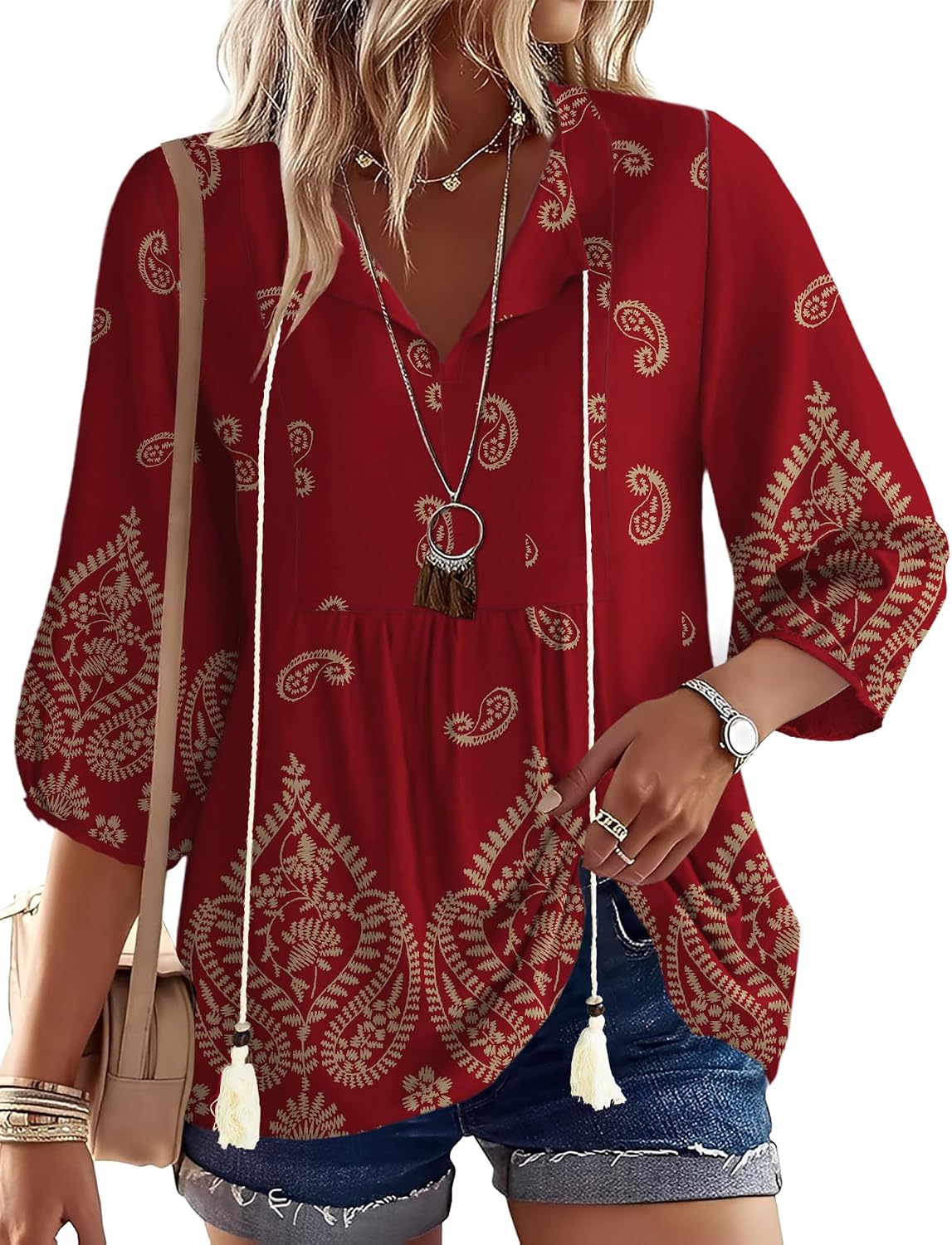 Rapbin Women Summer Boho Tops 3/4 Sleeve Pleated Blouses Casual V Neck Tie Front Spring Tunic Tops