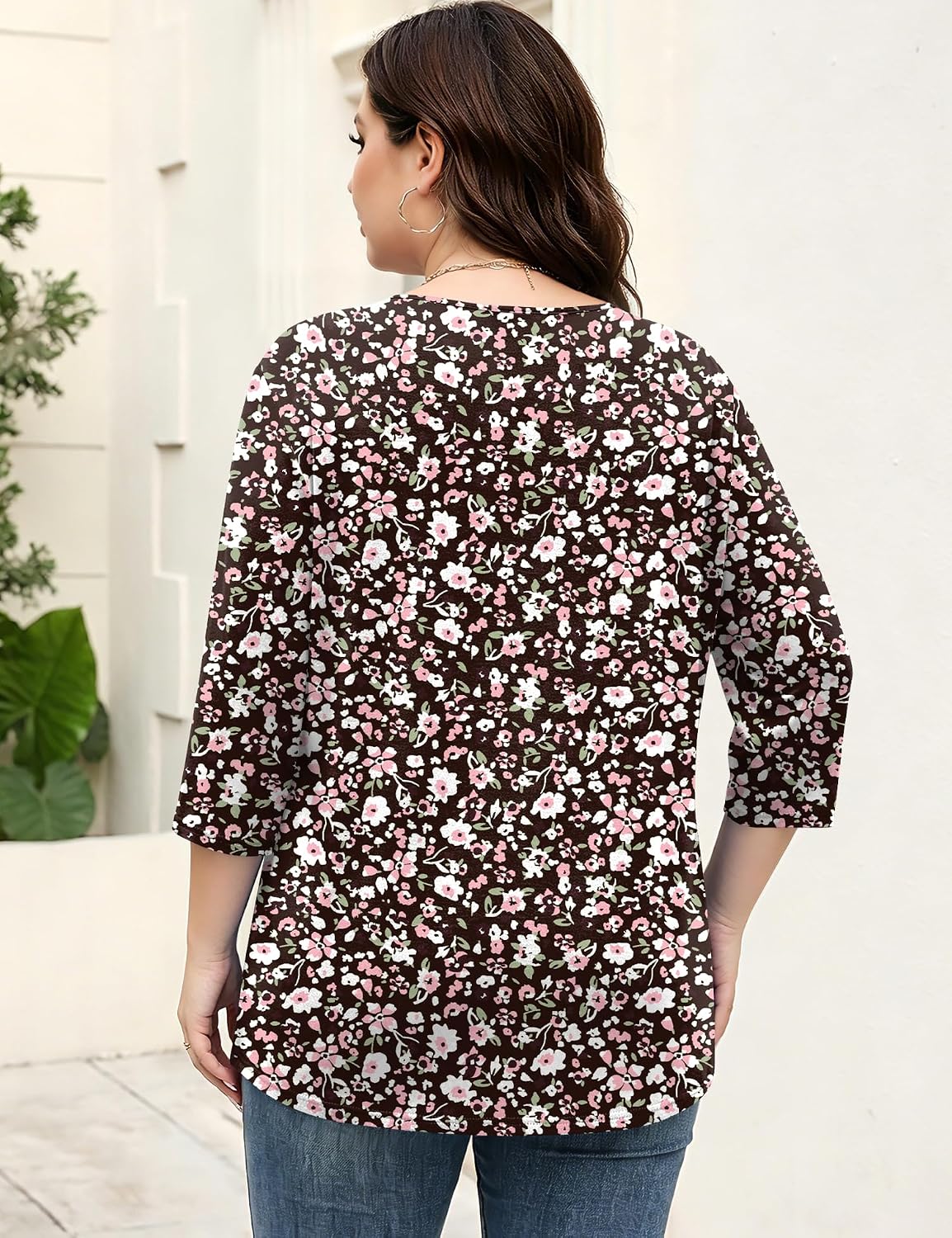 Rapbin Womens Plus Size Tops 3/4 Sleeve Shirts Summer Cut Out Ring Keyhole Neck Dressy Casual Loose Tunic Tops 1X-5X