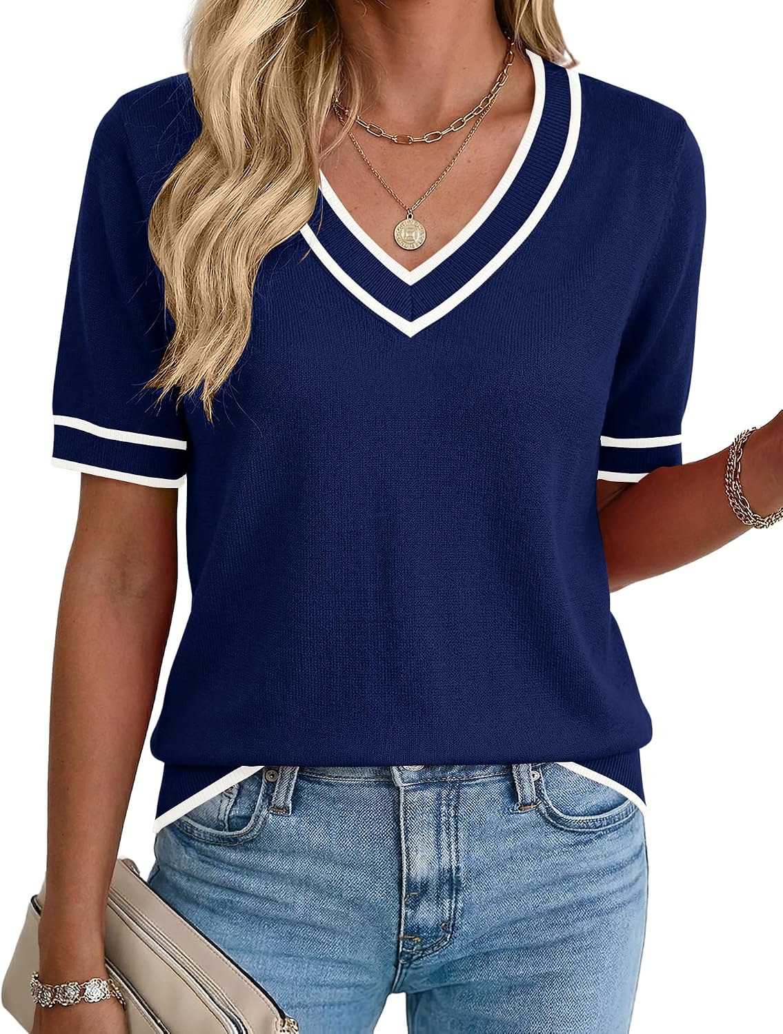 Rapbin Womens Summer Sweaters Short Sleeve Tops V Neck Knit Shirts