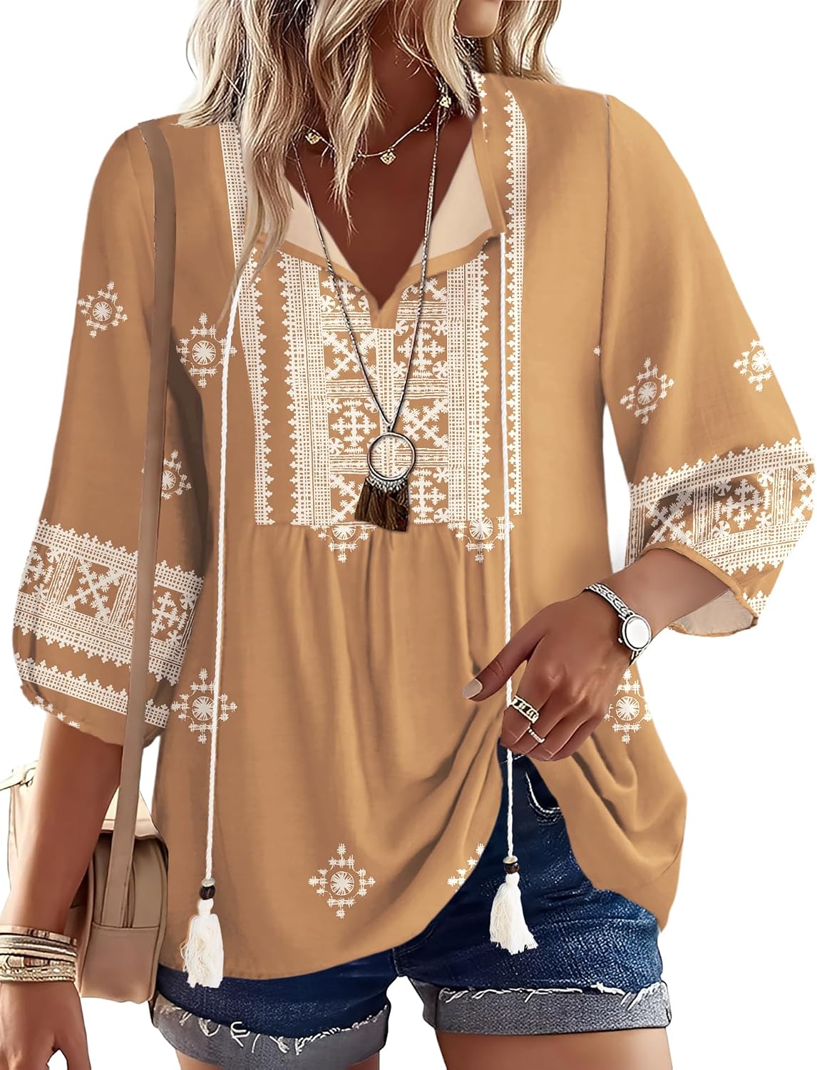 Rapbin Women Summer Boho Tops 3/4 Sleeve Pleated Blouses Casual V Neck Tie Front Spring Tunic Tops