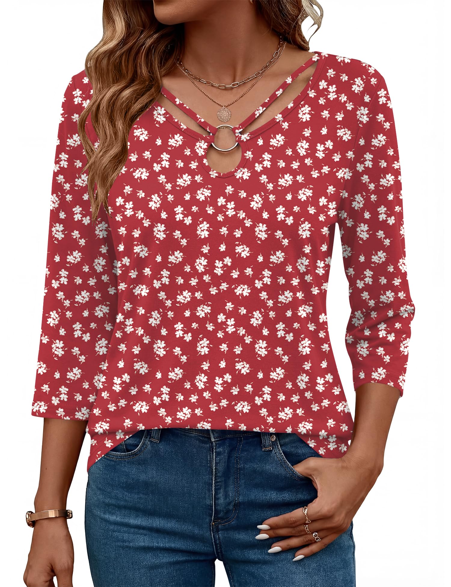 Rapbin 3/4 Length Sleeve Womens Tops Summer Cut Out Ring Keyhole Neck Dressy Casual Crew Neck Tee Shirts 2026