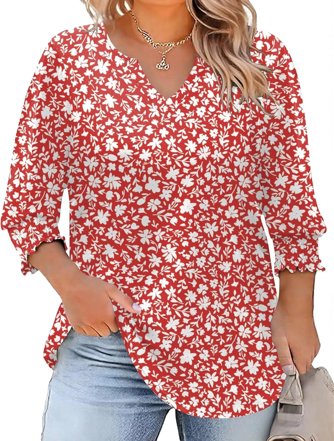 Rapbin Womens Plus Size Tops 3/4 Sleeve Blouses Shirts Casual V Neck Loose Tunic Tops 1X-5X