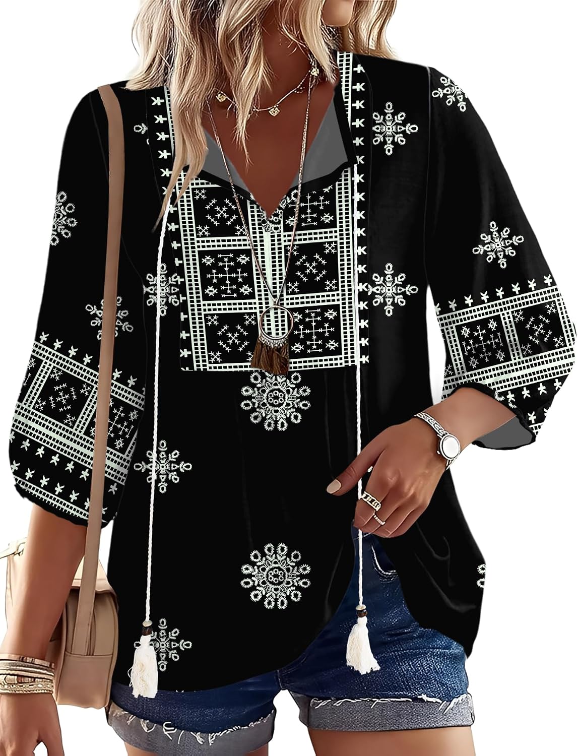 Rapbin Women Summer Boho Tops 3/4 Sleeve Pleated Blouses Casual V Neck Tie Front Spring Tunic Tops