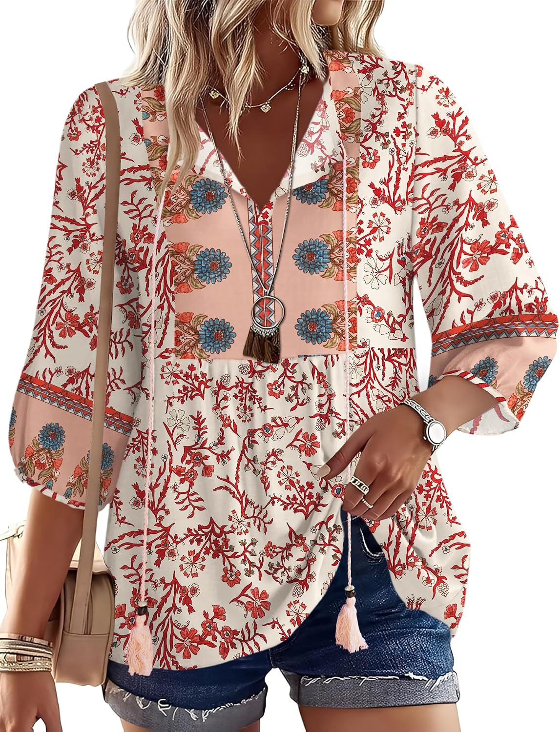 Rapbin Women Summer Boho Tops 3/4 Sleeve Pleated Blouses Casual V Neck Tie Front Spring Tunic Tops