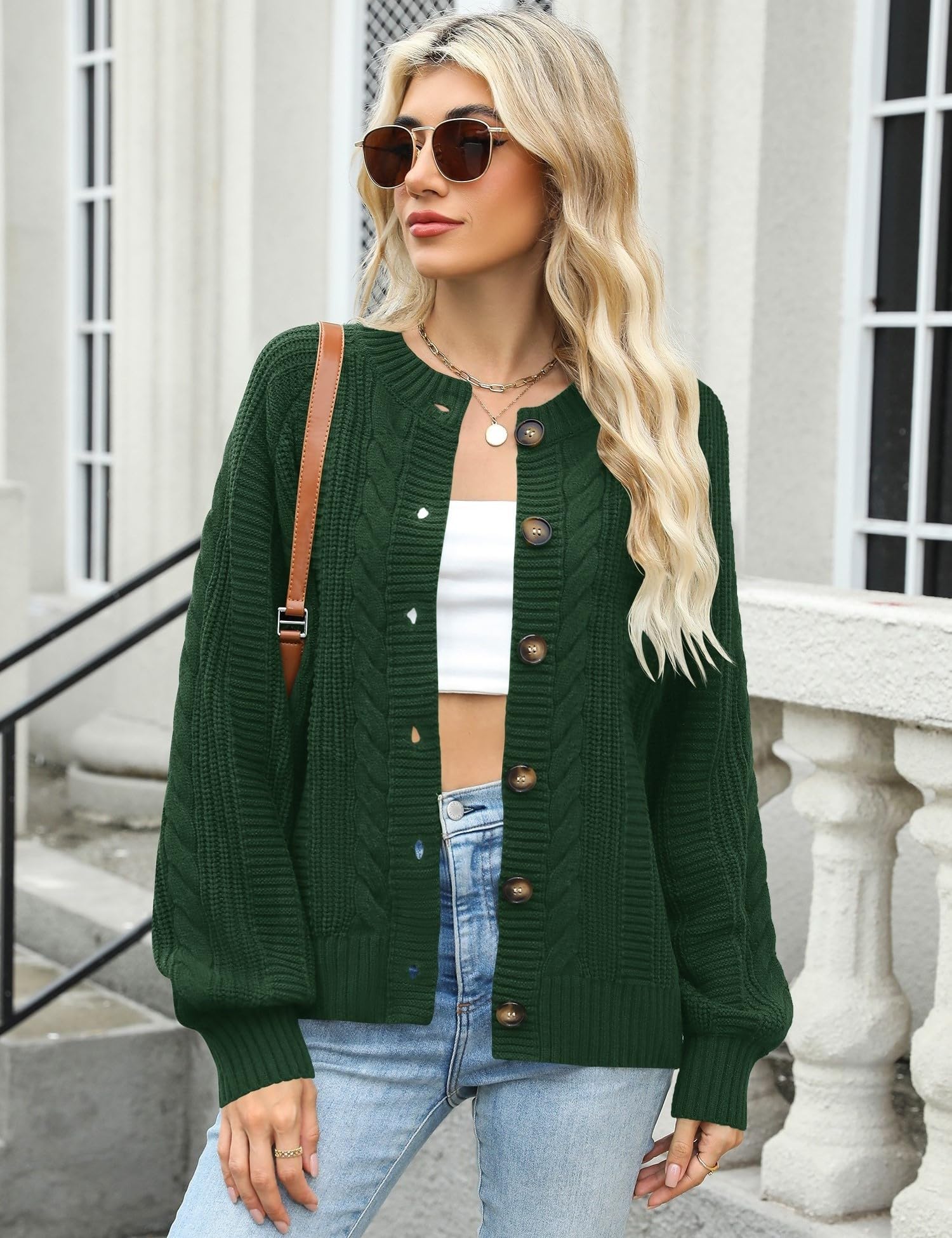 Rapbin Women's Cable Knit Cardigan Open Front Sweater Casual Long Sleeve Button Coats Outerwear