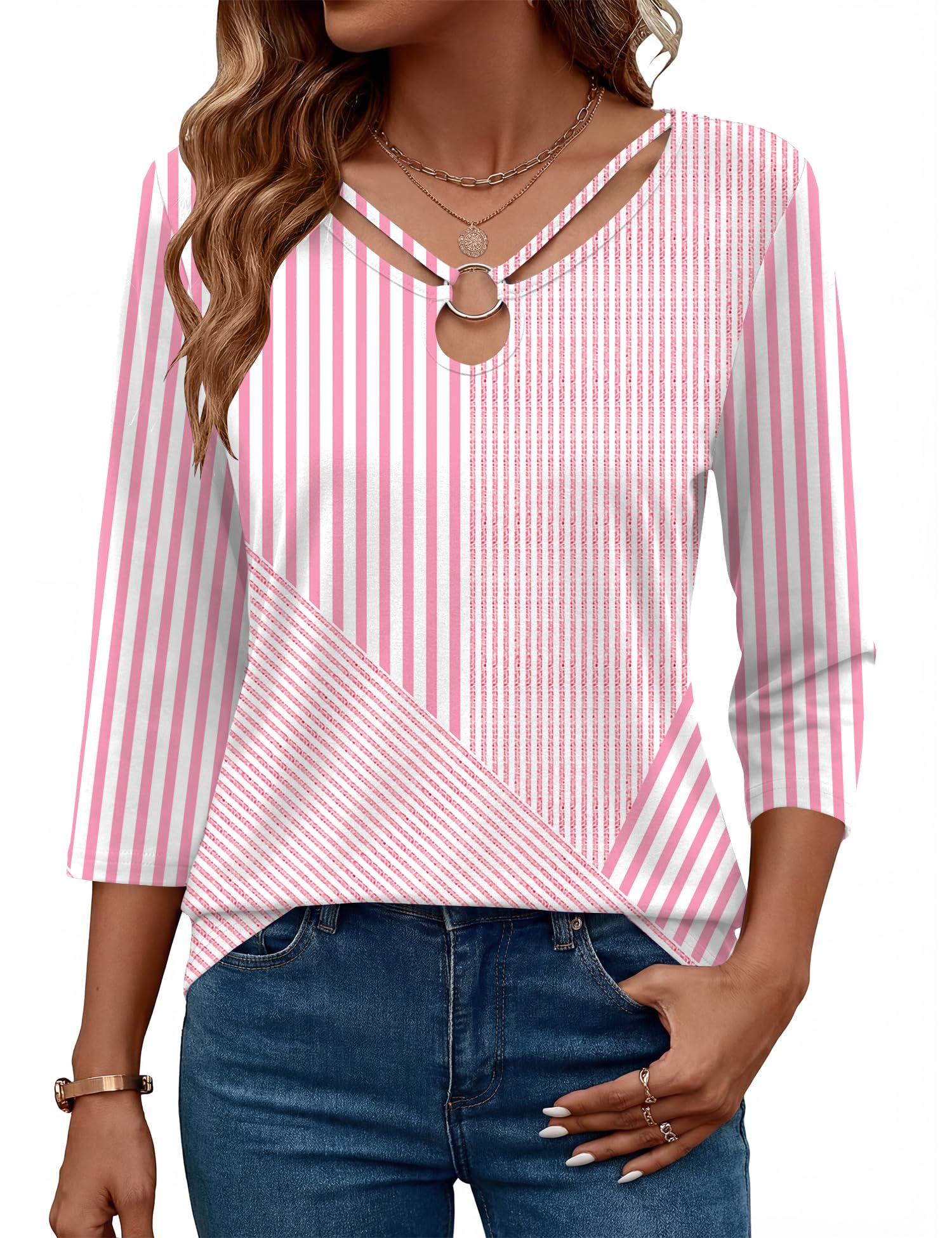 Rapbin 3/4 Length Sleeve Womens Tops Summer Cut Out Ring Keyhole Neck Dressy Casual Crew Neck Tee Shirts 2026