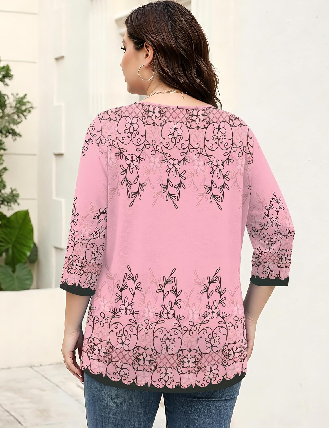 Rapbin Womens Plus Size Tops 3/4 Sleeve Shirts Summer Cut Out Ring Keyhole Neck Dressy Casual Loose Tunic Tops 1X-5X