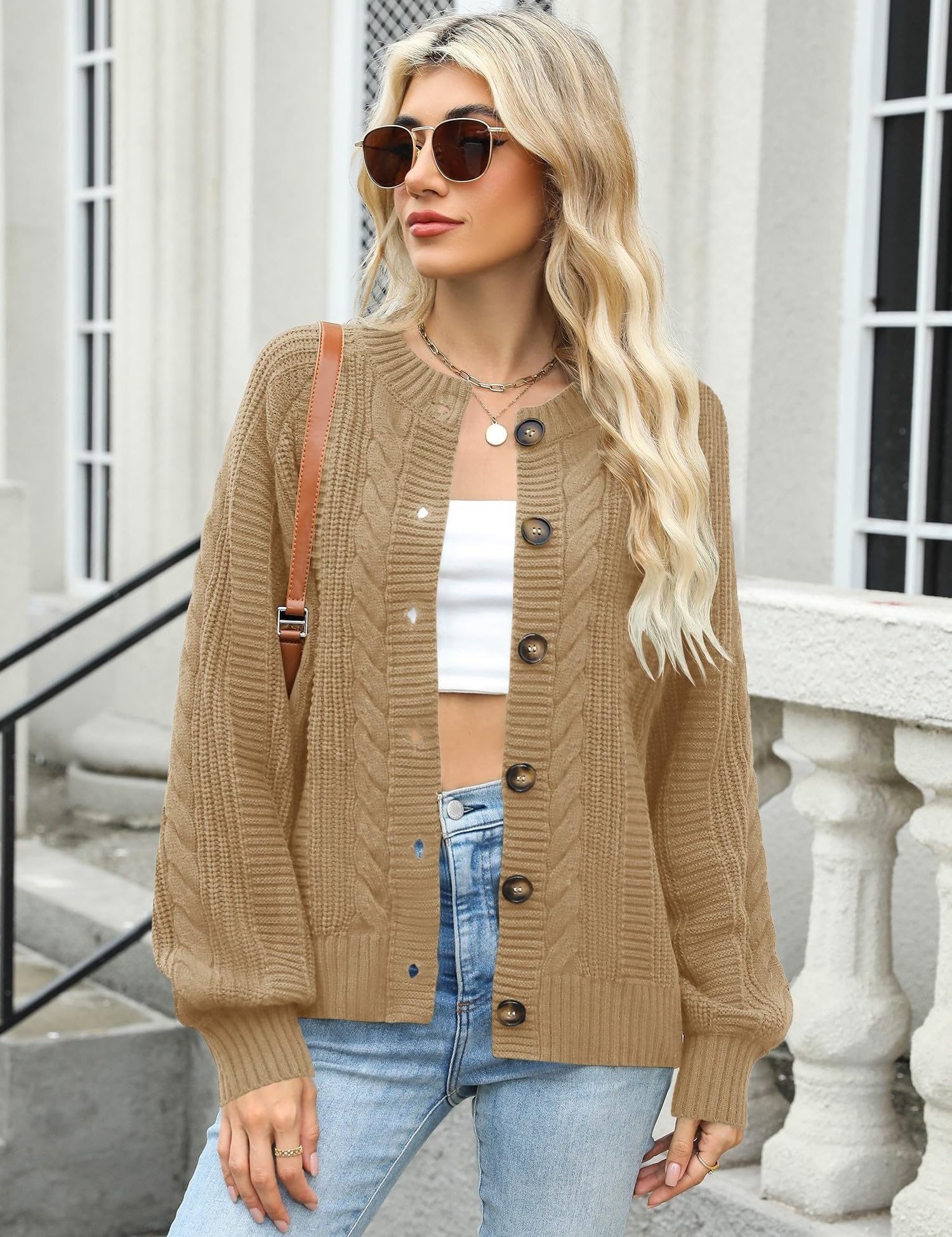 Rapbin Women's Cable Knit Cardigan Open Front Sweater Casual Long Sleeve Button Coats Outerwear