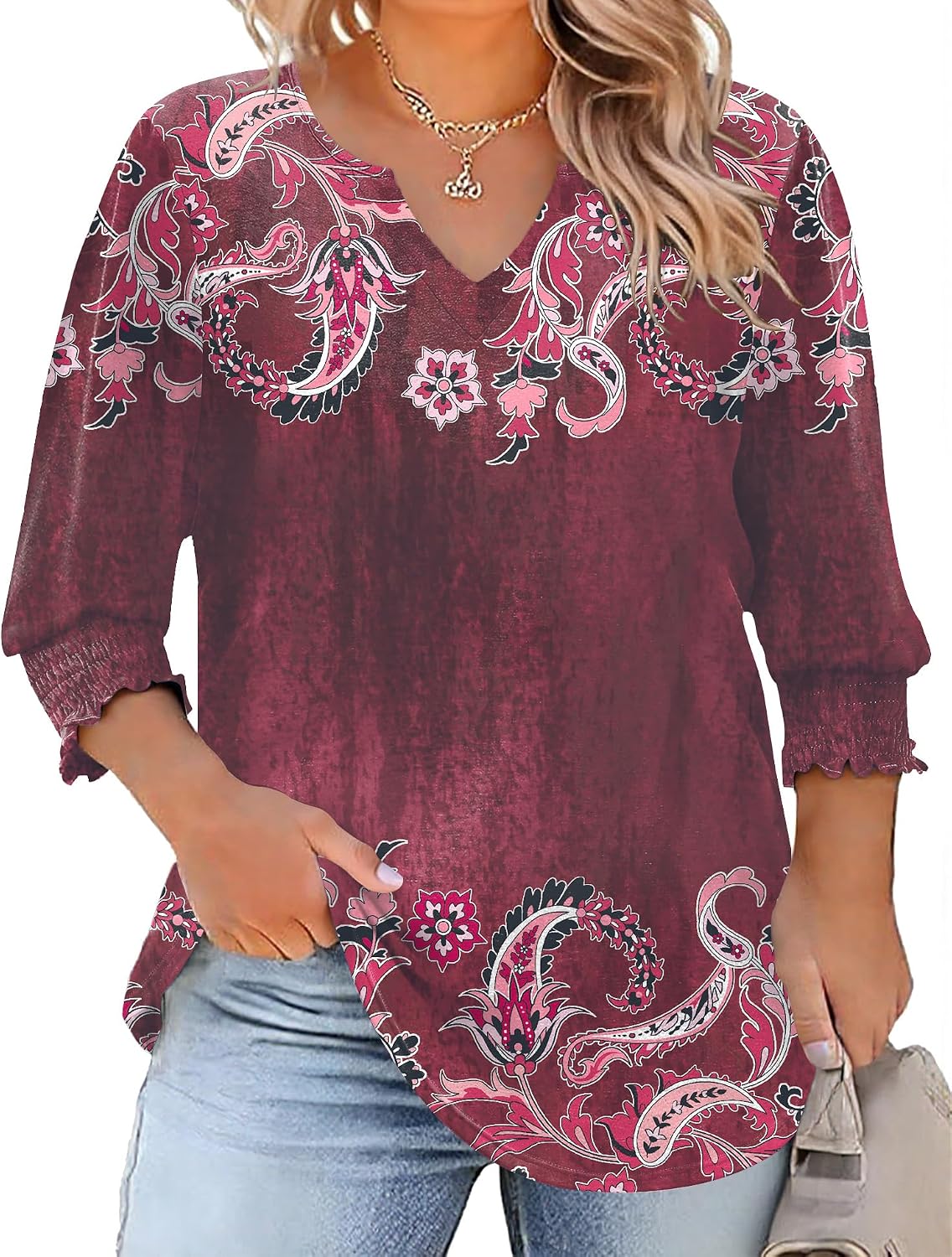Rapbin Womens Plus Size Tops 3/4 Sleeve Blouses Shirts Casual V Neck Loose Tunic Tops 1X-5X