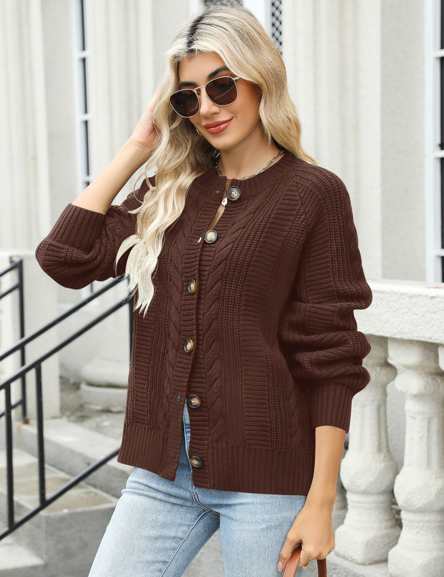 Rapbin Women's Cable Knit Cardigan Open Front Sweater Casual Long Sleeve Button Coats Outerwear