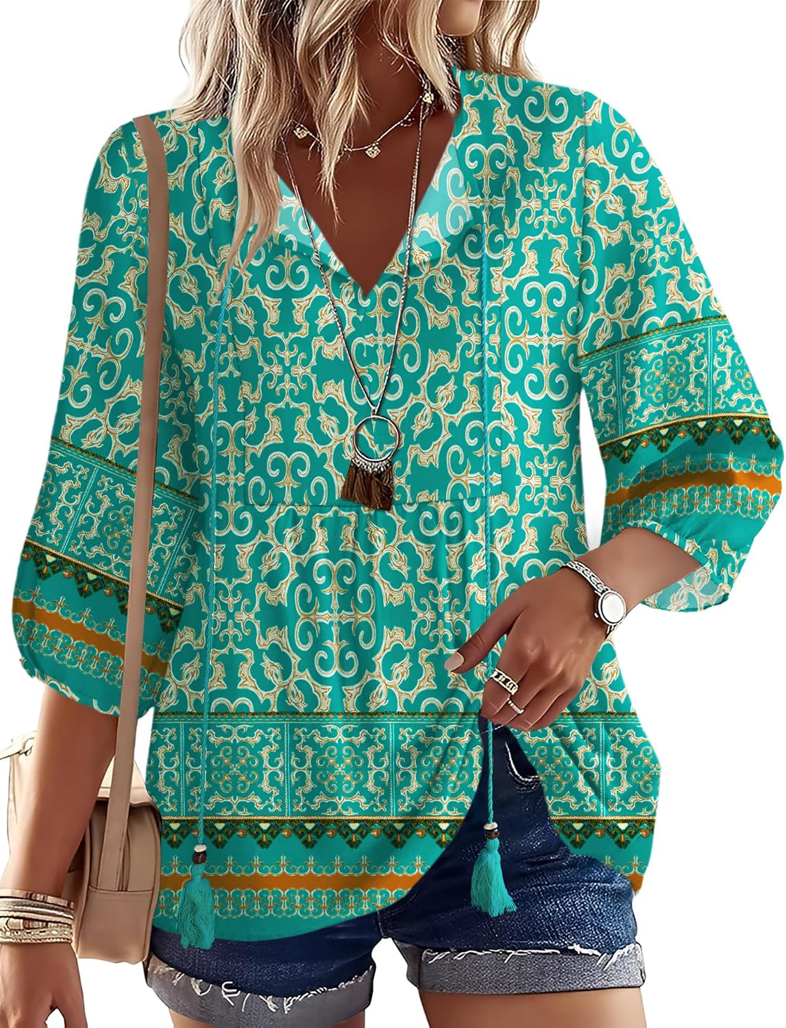 Rapbin Women Summer Boho Tops 3/4 Sleeve Pleated Blouses Casual V Neck Tie Front Spring Tunic Tops