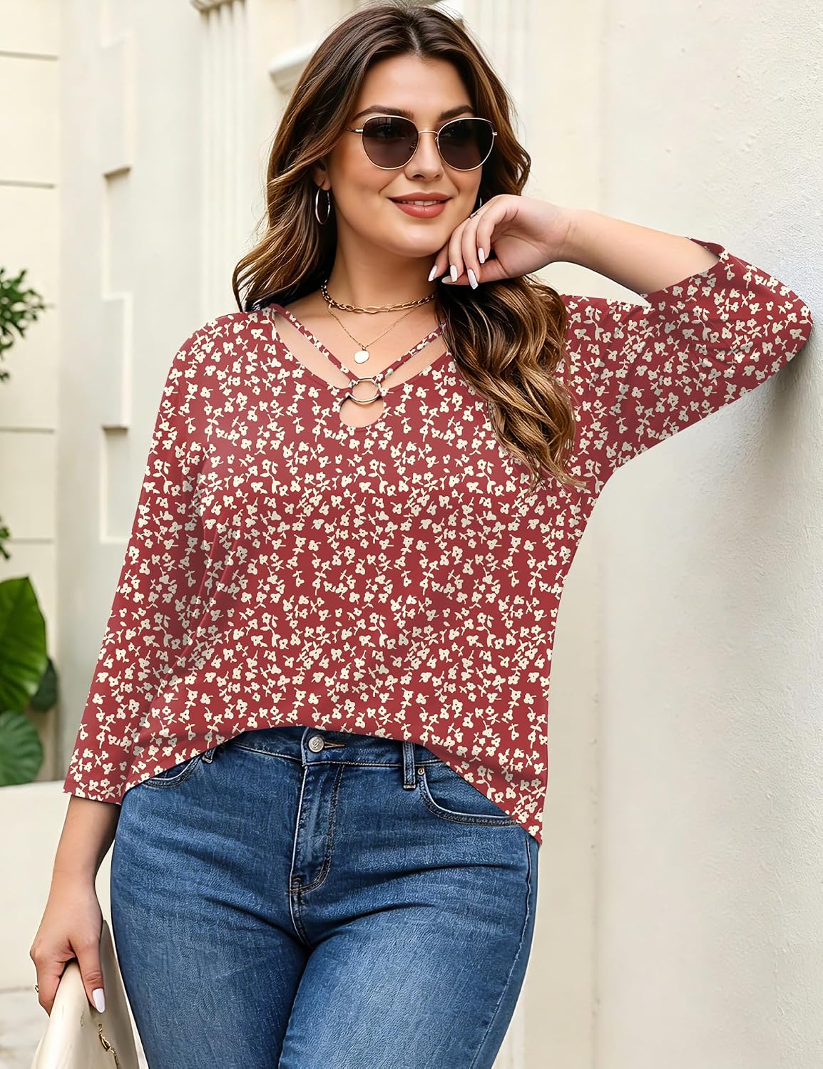 Rapbin Womens Plus Size Tops 3/4 Sleeve Shirts Summer Cut Out Ring Keyhole Neck Dressy Casual Loose Tunic Tops 1X-5X