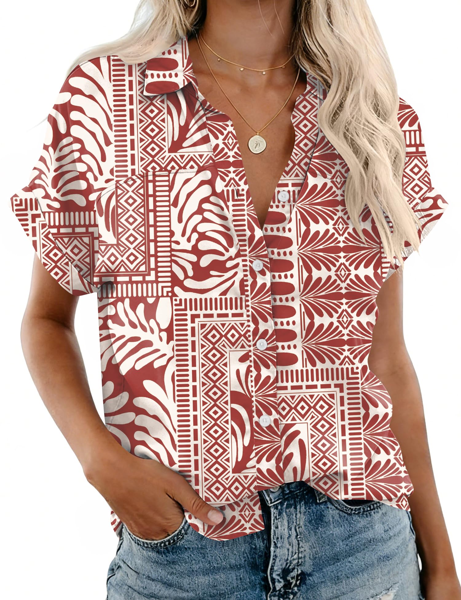 Rapbin Women's Button Down Shirt Short Sleeve Casual Blouse Shirts V Neck Collared Tops