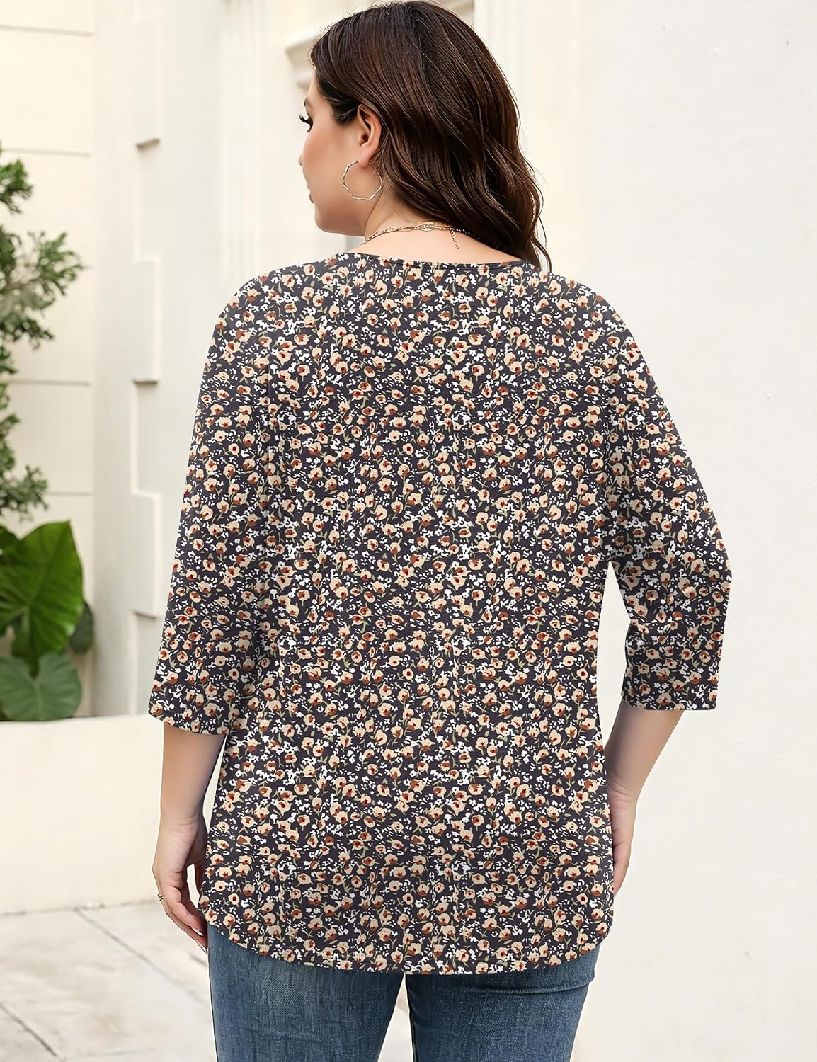 Rapbin Womens Plus Size Tops 3/4 Sleeve Shirts Summer Cut Out Ring Keyhole Neck Dressy Casual Loose Tunic Tops 1X-5X