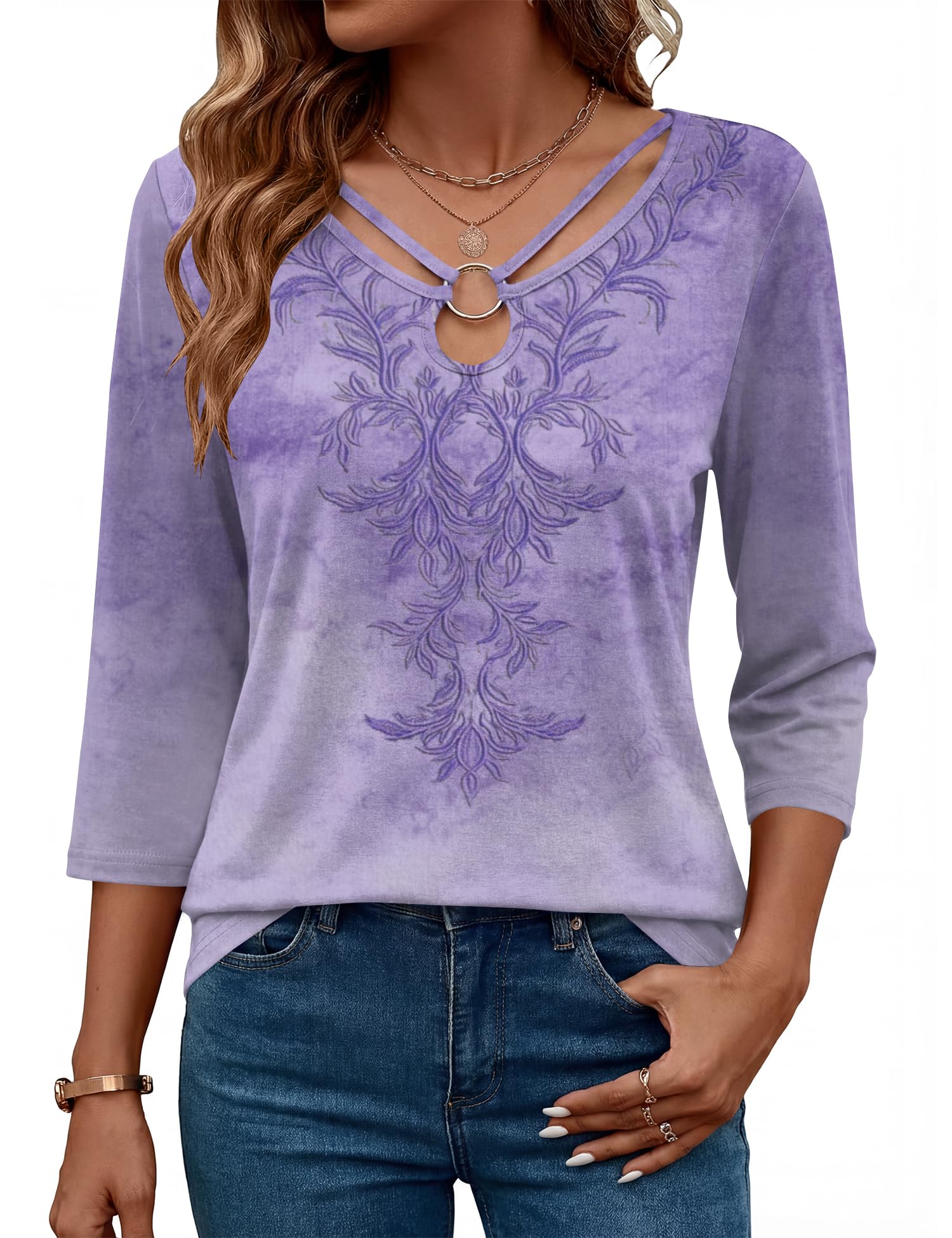 Rapbin 3/4 Length Sleeve Womens Tops Summer Cut Out Ring Keyhole Neck Dressy Casual Crew Neck Tee Shirts 2026