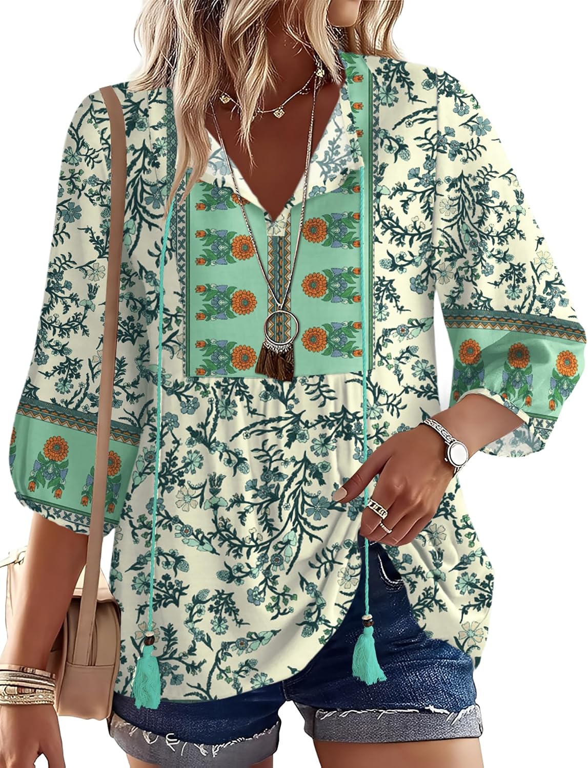 Rapbin Women Summer Boho Tops 3/4 Sleeve Pleated Blouses Casual V Neck Tie Front Spring Tunic Tops
