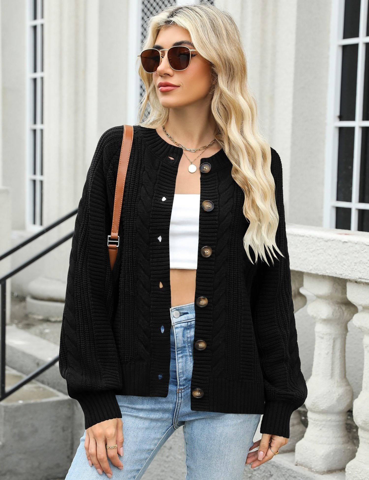 Rapbin Women's Cable Knit Cardigan Open Front Sweater Casual Long Sleeve Button Coats Outerwear