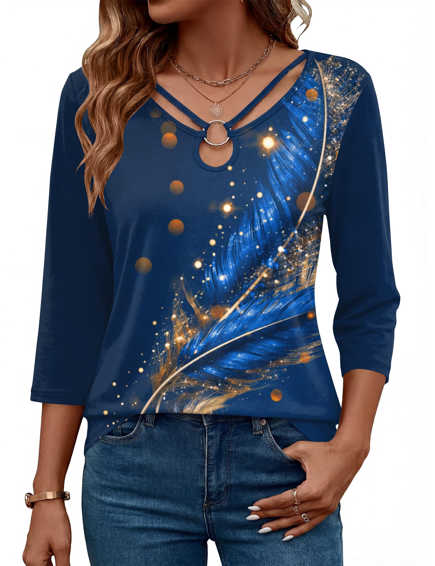 Rapbin 3/4 Length Sleeve Womens Tops Summer Cut Out Ring Keyhole Neck Dressy Casual Crew Neck Tee Shirts 2026