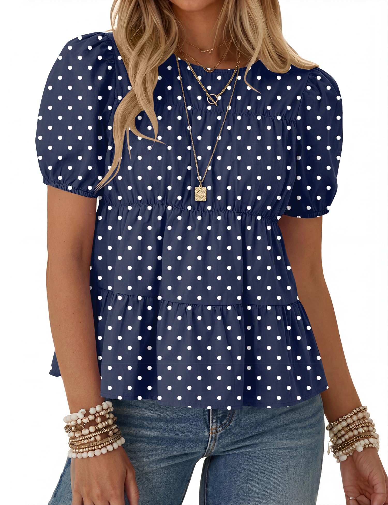 Rapbin Womens Puff Short Sleeve Babydoll Tops Summer Peplum Pleated Cotton T Shirts Casual Loose Fit Flowy Blouses