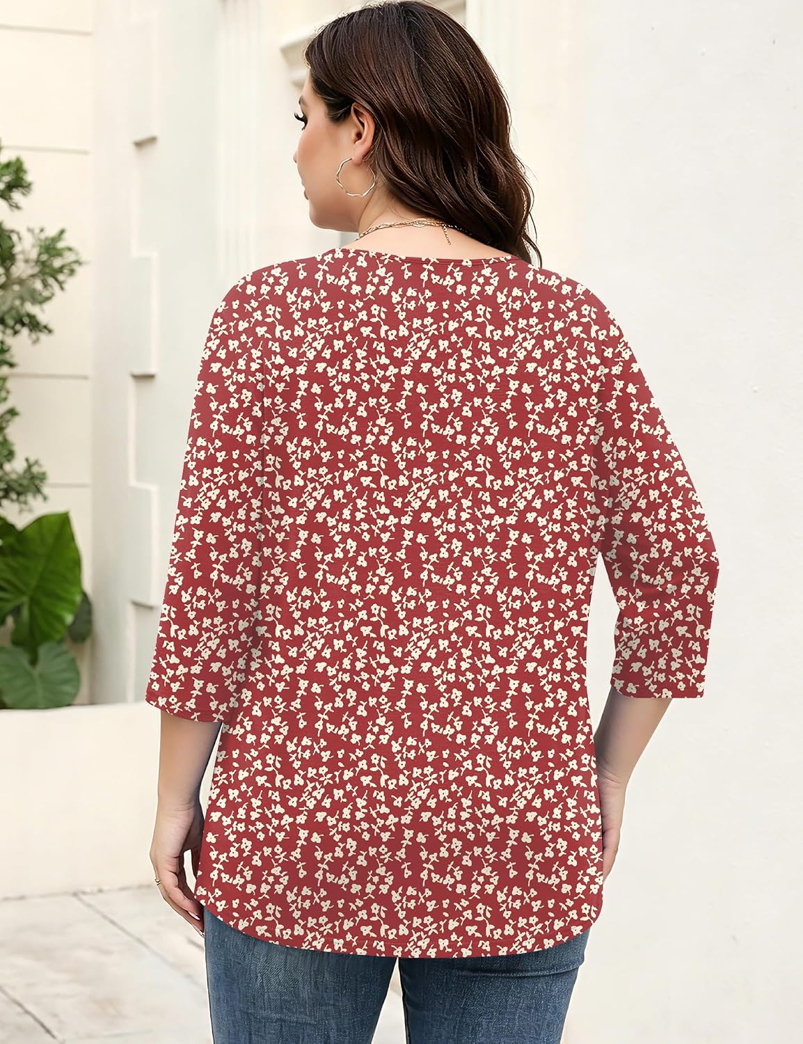 Rapbin Womens Plus Size Tops 3/4 Sleeve Shirts Summer Cut Out Ring Keyhole Neck Dressy Casual Loose Tunic Tops 1X-5X