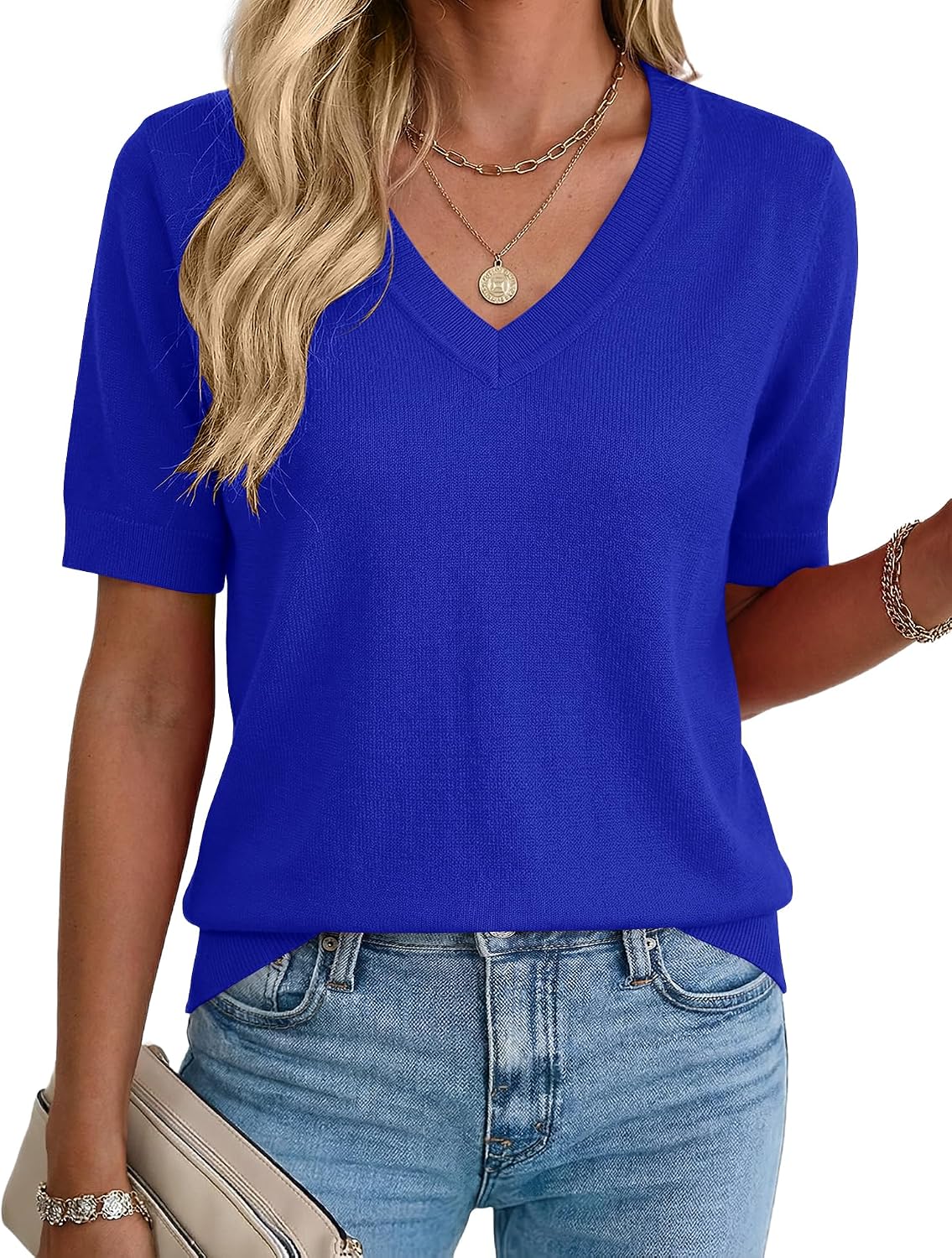 Rapbin Womens Summer Sweaters Short Sleeve Tops V Neck Knit Shirts