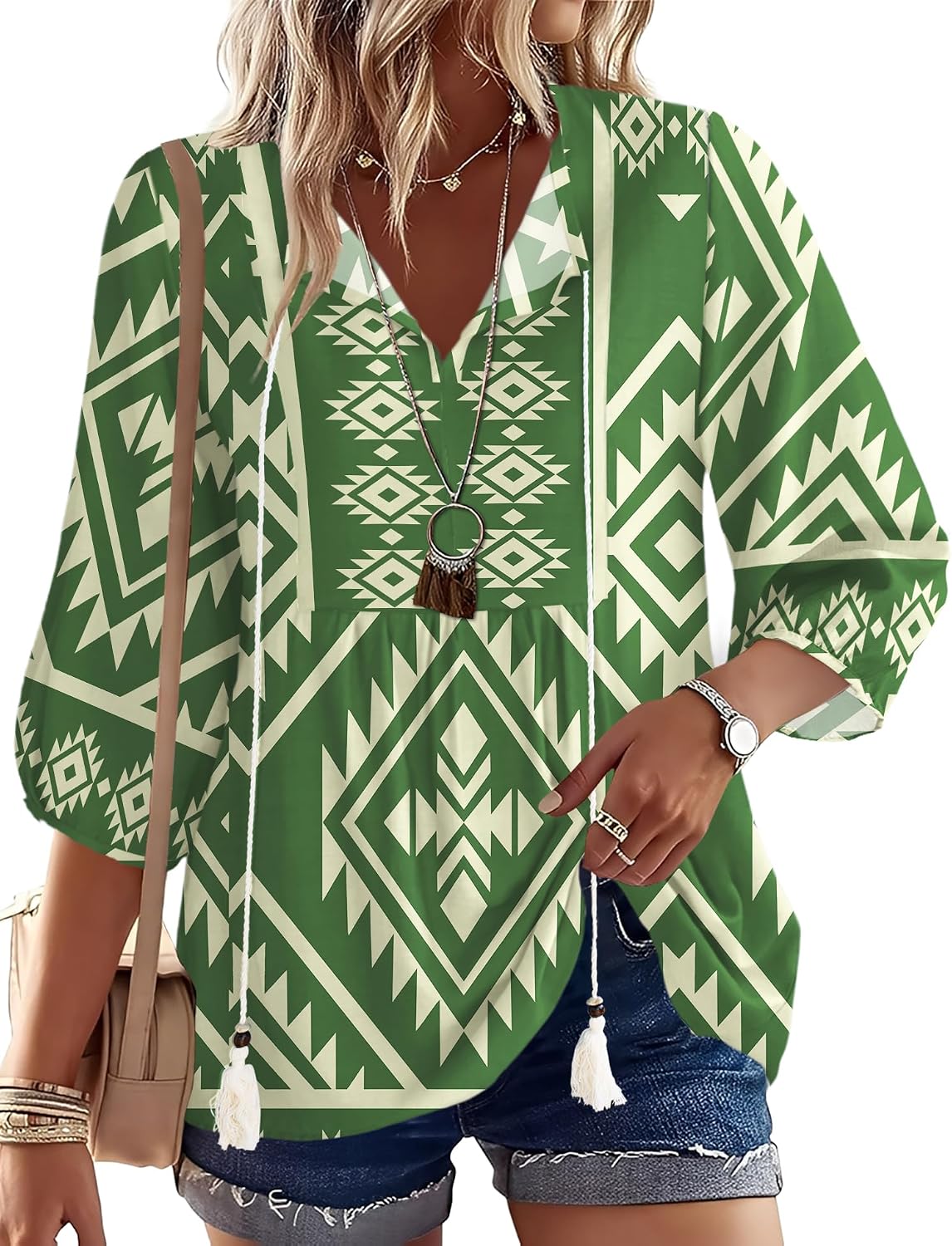 Rapbin Women Summer Boho Tops 3/4 Sleeve Pleated Blouses Casual V Neck Tie Front Spring Tunic Tops