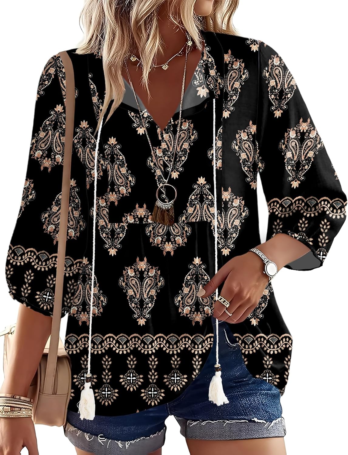 Rapbin Women Summer Boho Tops 3/4 Sleeve Pleated Blouses Casual V Neck Tie Front Spring Tunic Tops