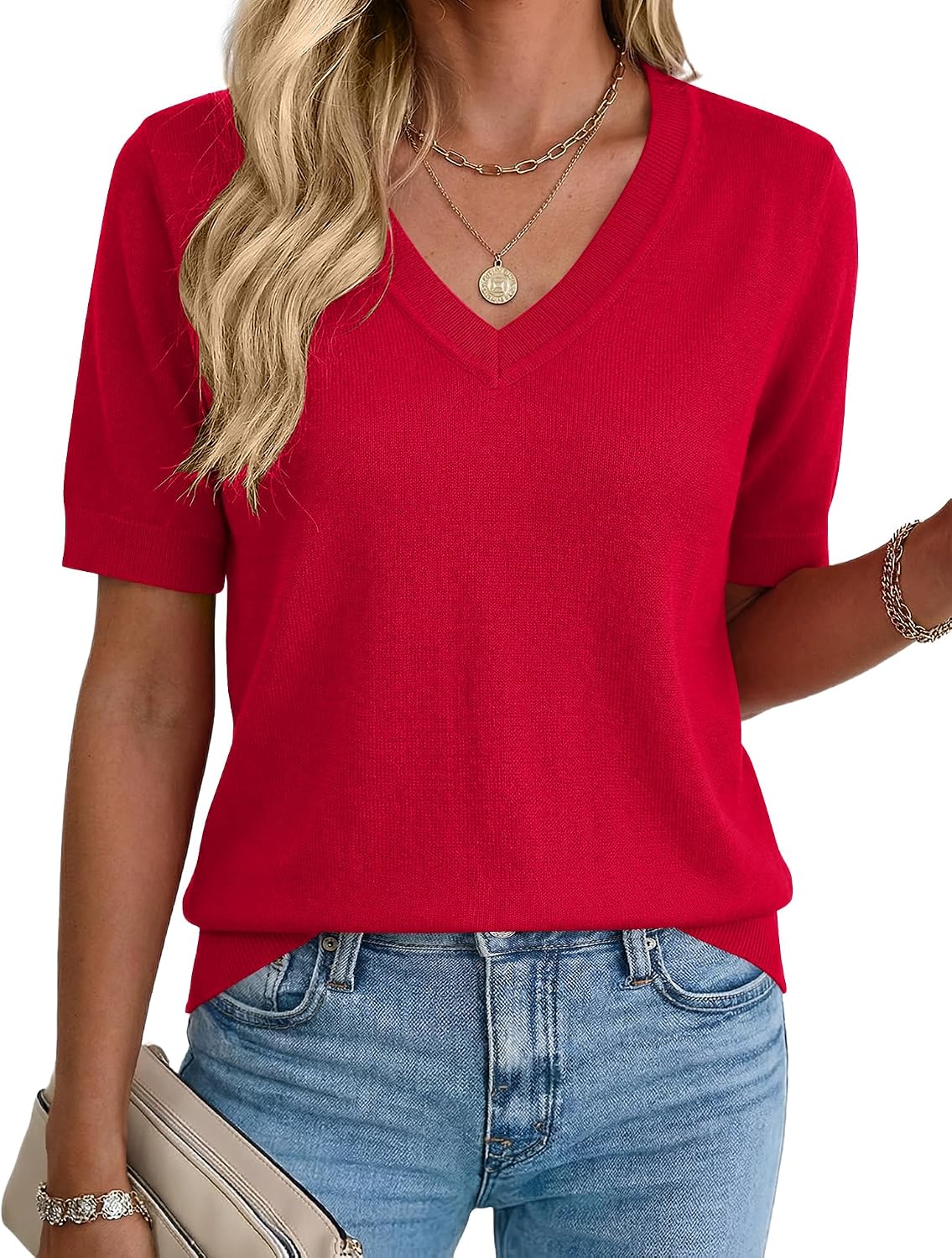 Rapbin Womens Summer Sweaters Short Sleeve Tops V Neck Knit Shirts