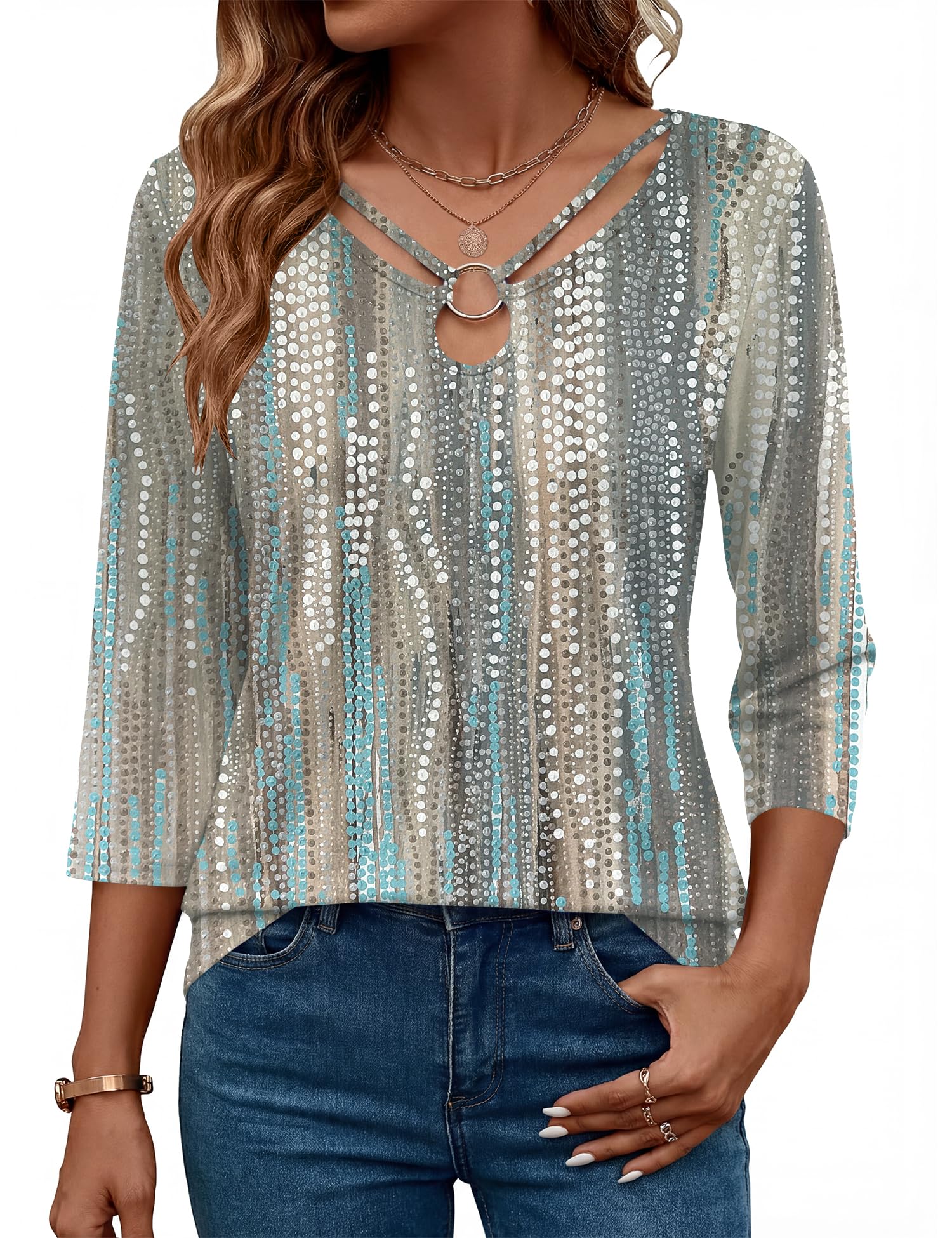 Rapbin 3/4 Length Sleeve Womens Tops Summer Cut Out Ring Keyhole Neck Dressy Casual Crew Neck Tee Shirts 2026