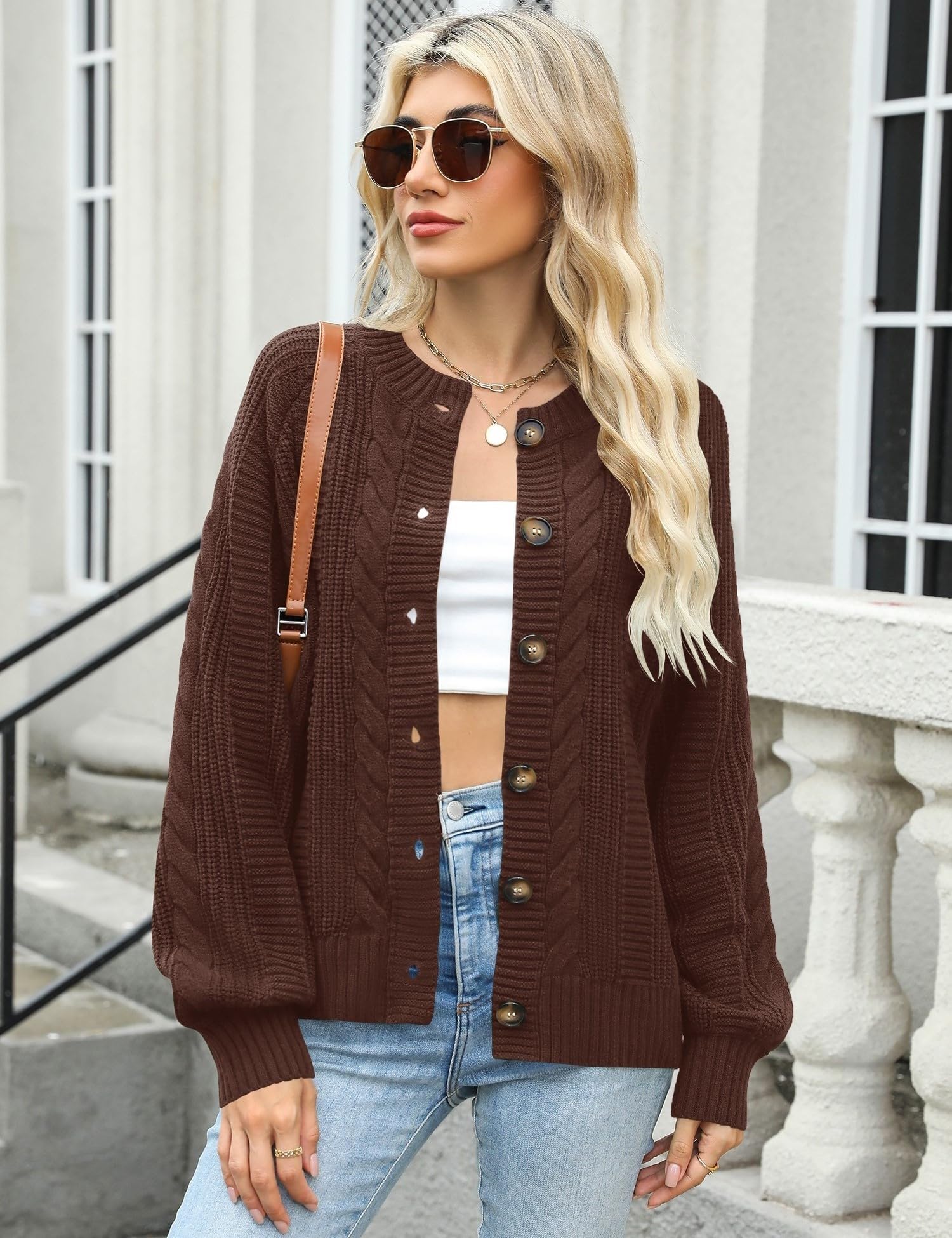 Rapbin Women's Cable Knit Cardigan Open Front Sweater Casual Long Sleeve Button Coats Outerwear