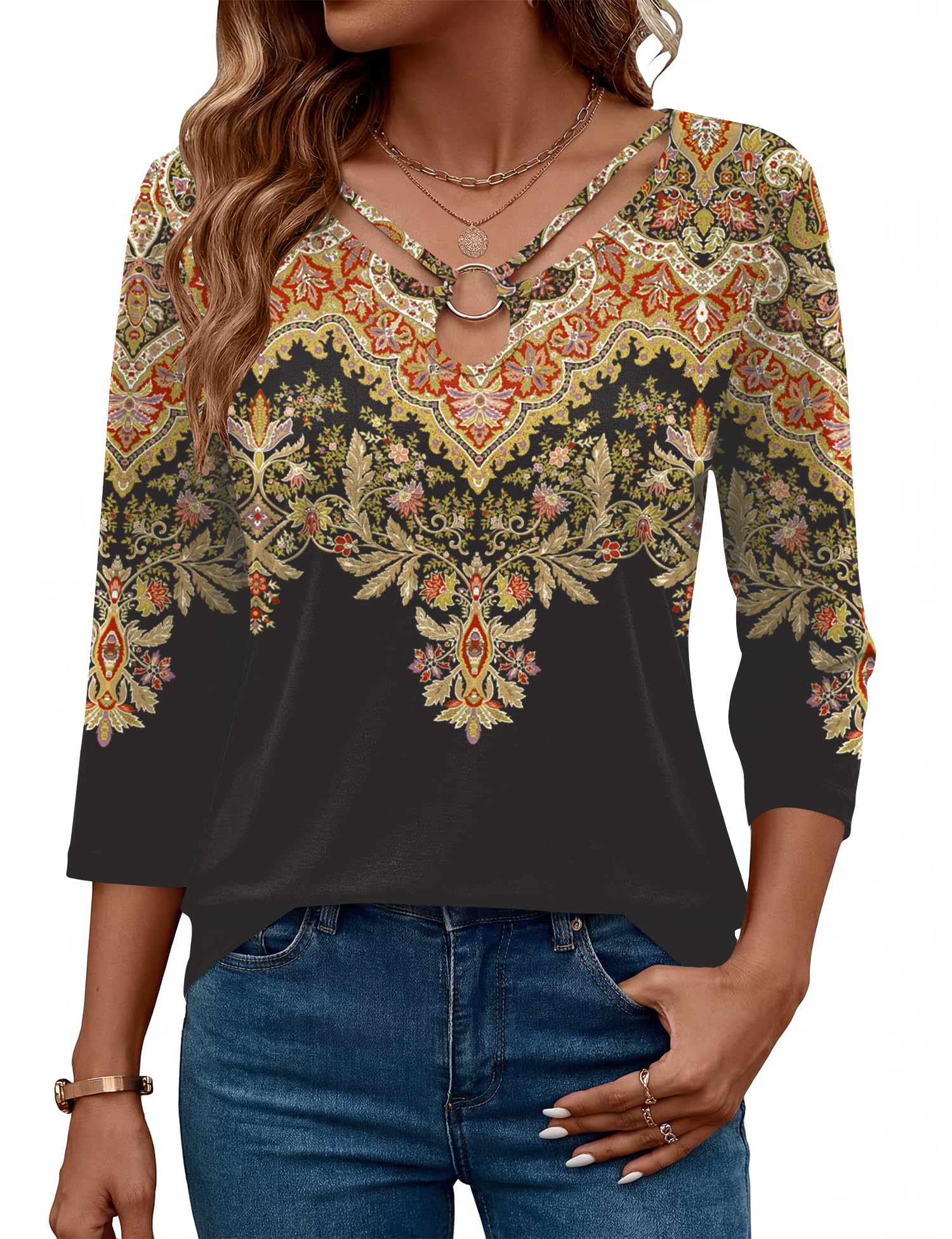 Rapbin 3/4 Length Sleeve Womens Tops Summer Cut Out Ring Keyhole Neck Dressy Casual Crew Neck Tee Shirts 2026
